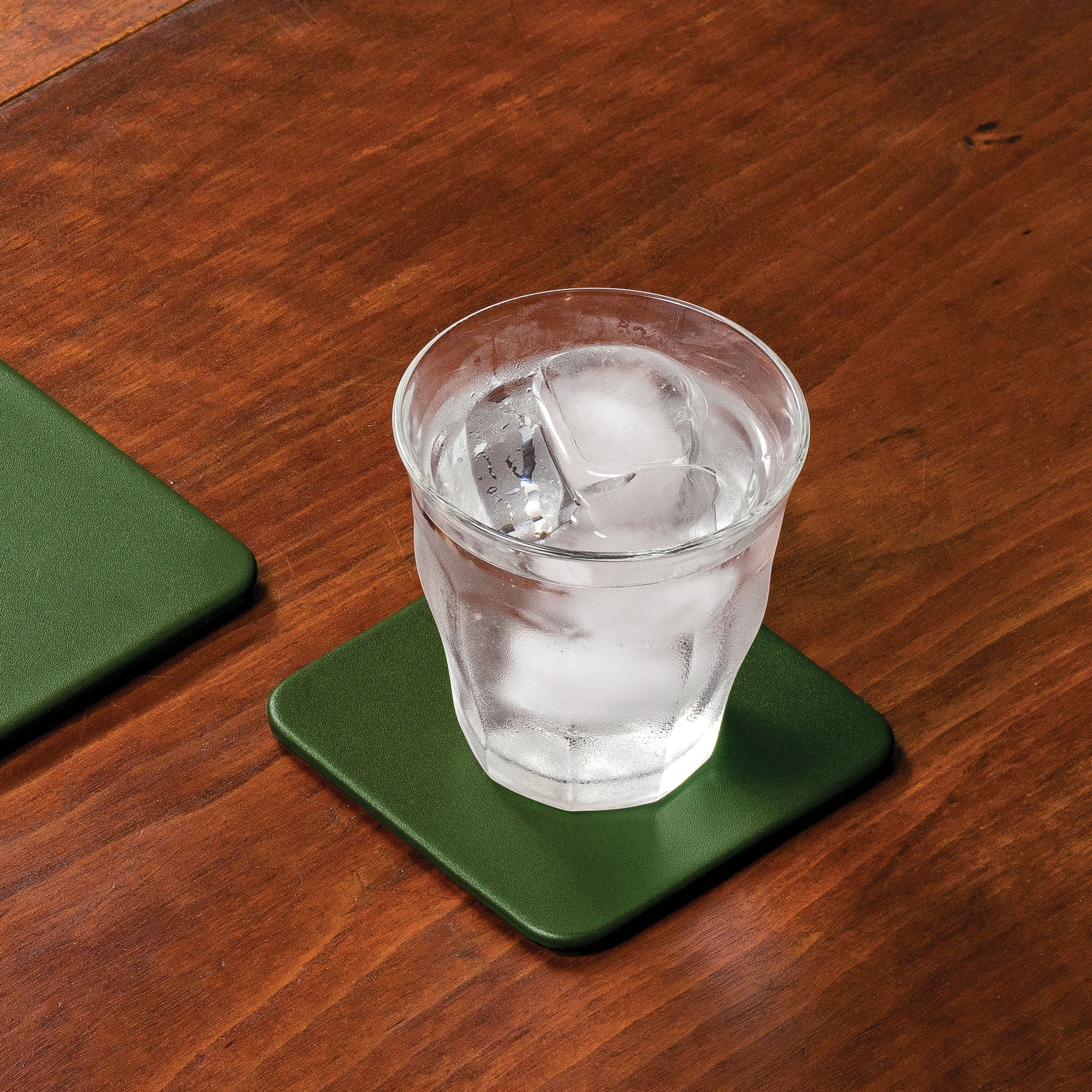 Dark Green Leather 4 Square Coaster Set w/ Holder