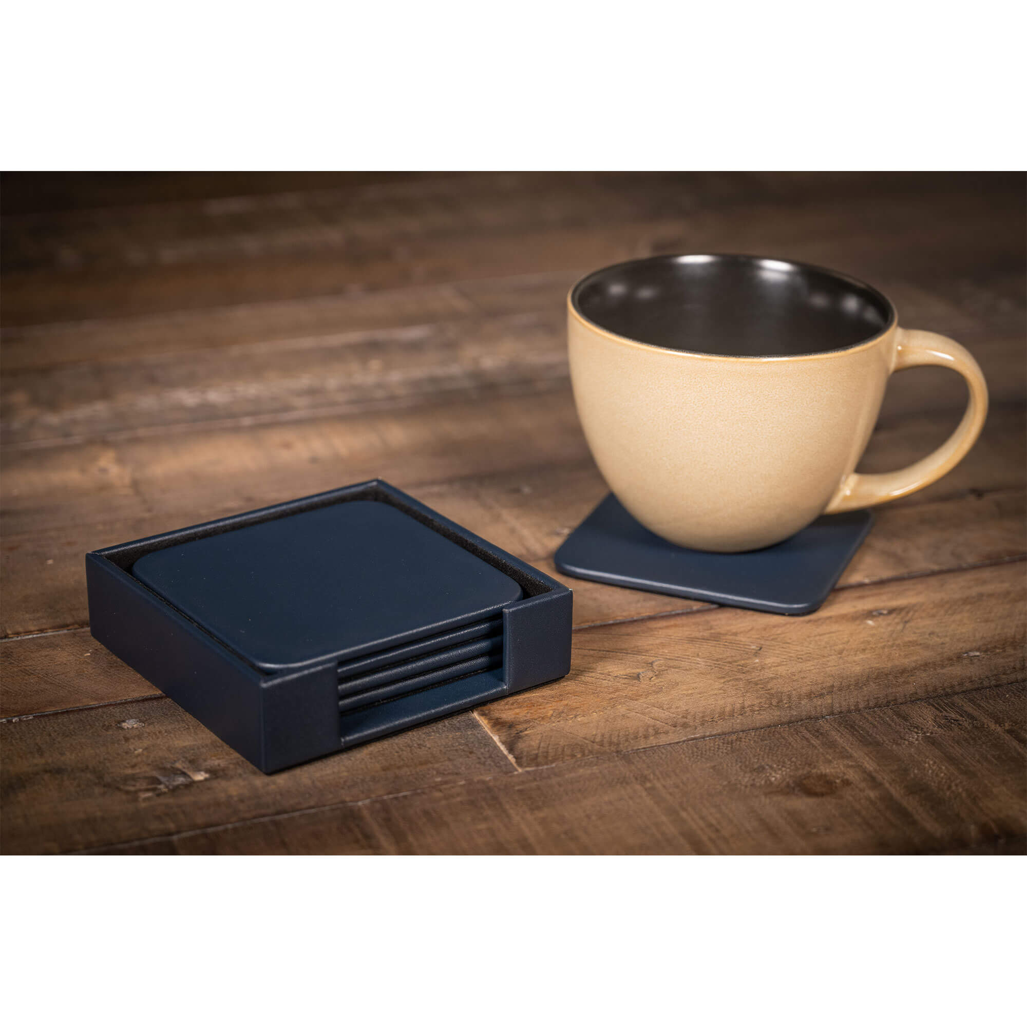 Navy Blue Leatherette 4 Square Coaster Set w/ Holder