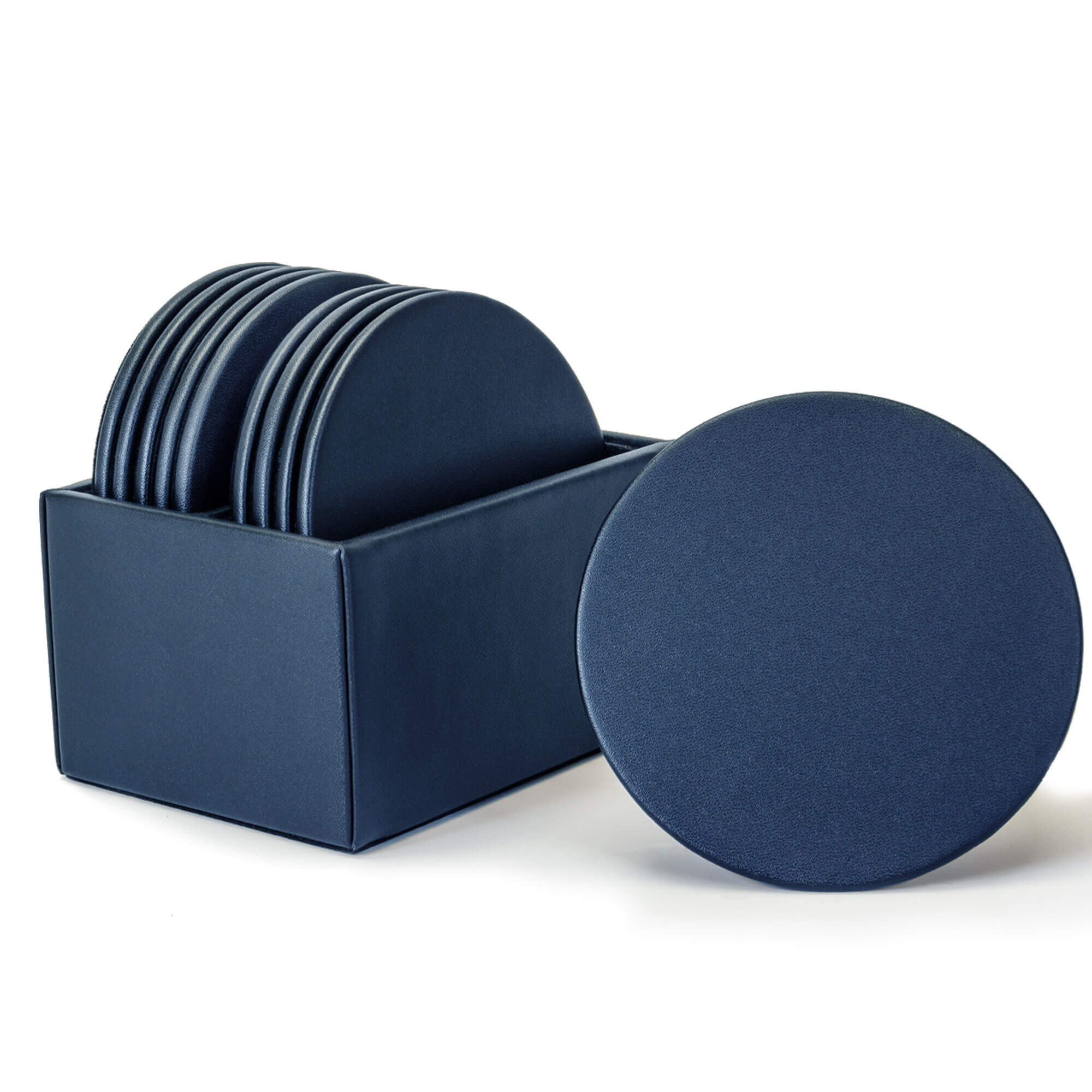 Navy Blue Leatherette 10 Round Coaster Set w/ Holder
