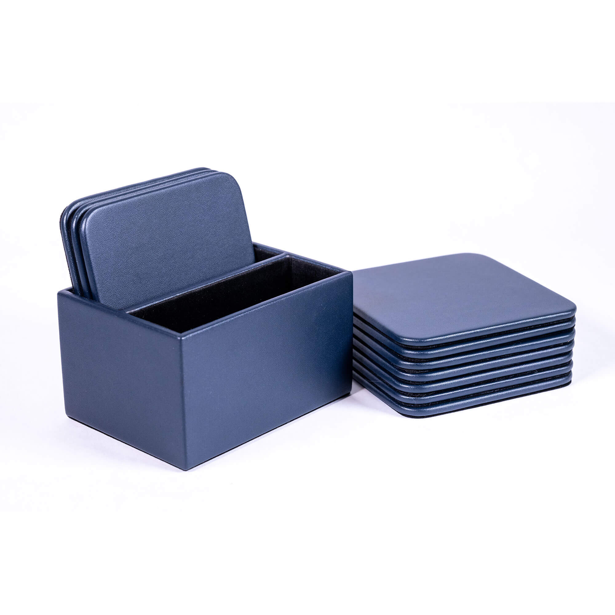 Navy Blue Leatherette 10 Square Coaster Set w/ Holder