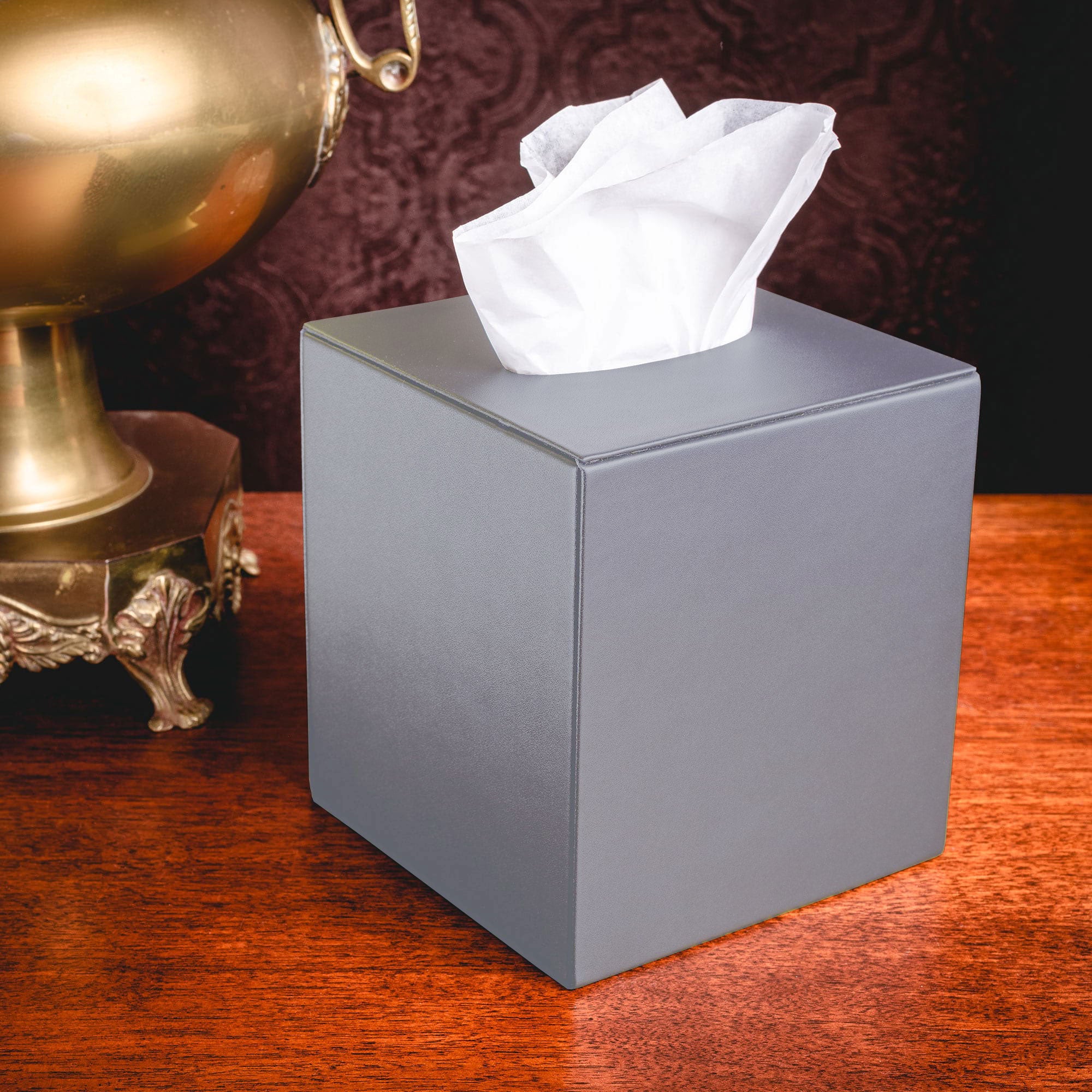 Gray Leather Square Tissue Box Cover