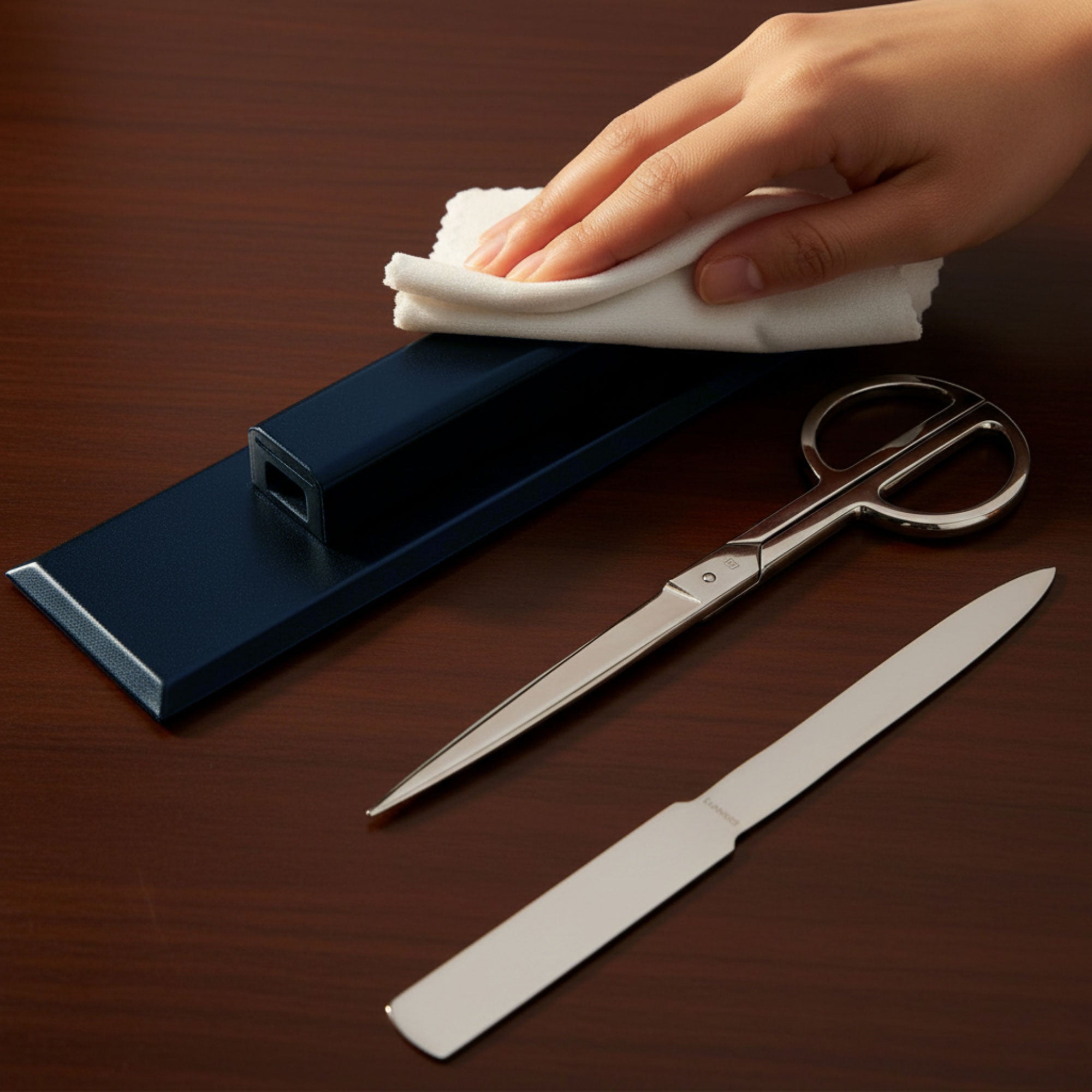 Navy Blue Leather Library Set With Silver Hardware