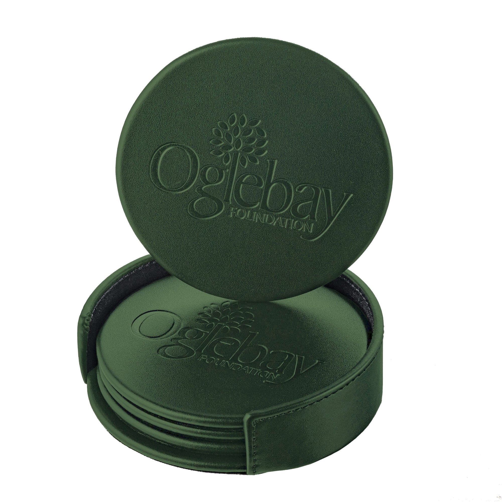 Dark Green Leatherette 4 Round Coaster Set w/ Holder