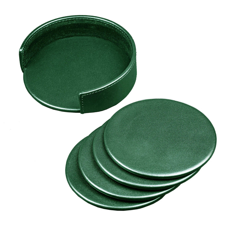 Dark Green Leatherette 4 Round Coaster Set w/ Holder