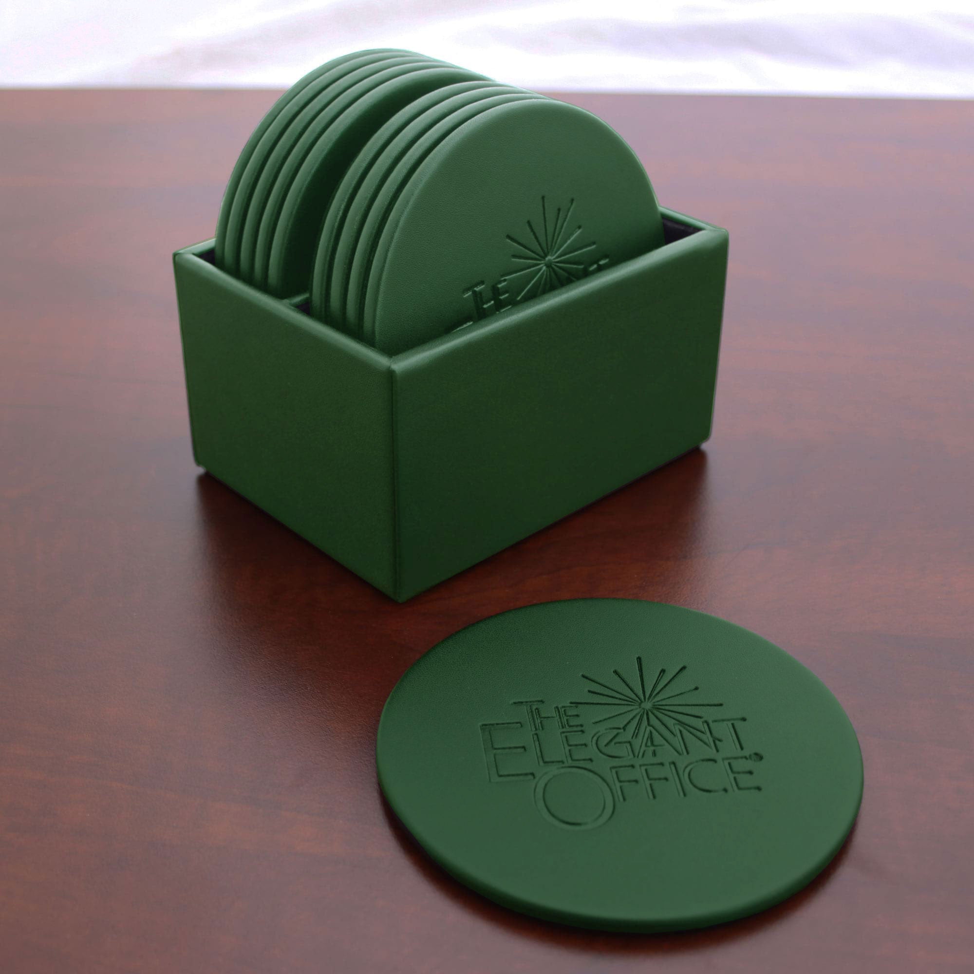 Dark Green Leatherette 10 Round Coaster Set w/ Holder
