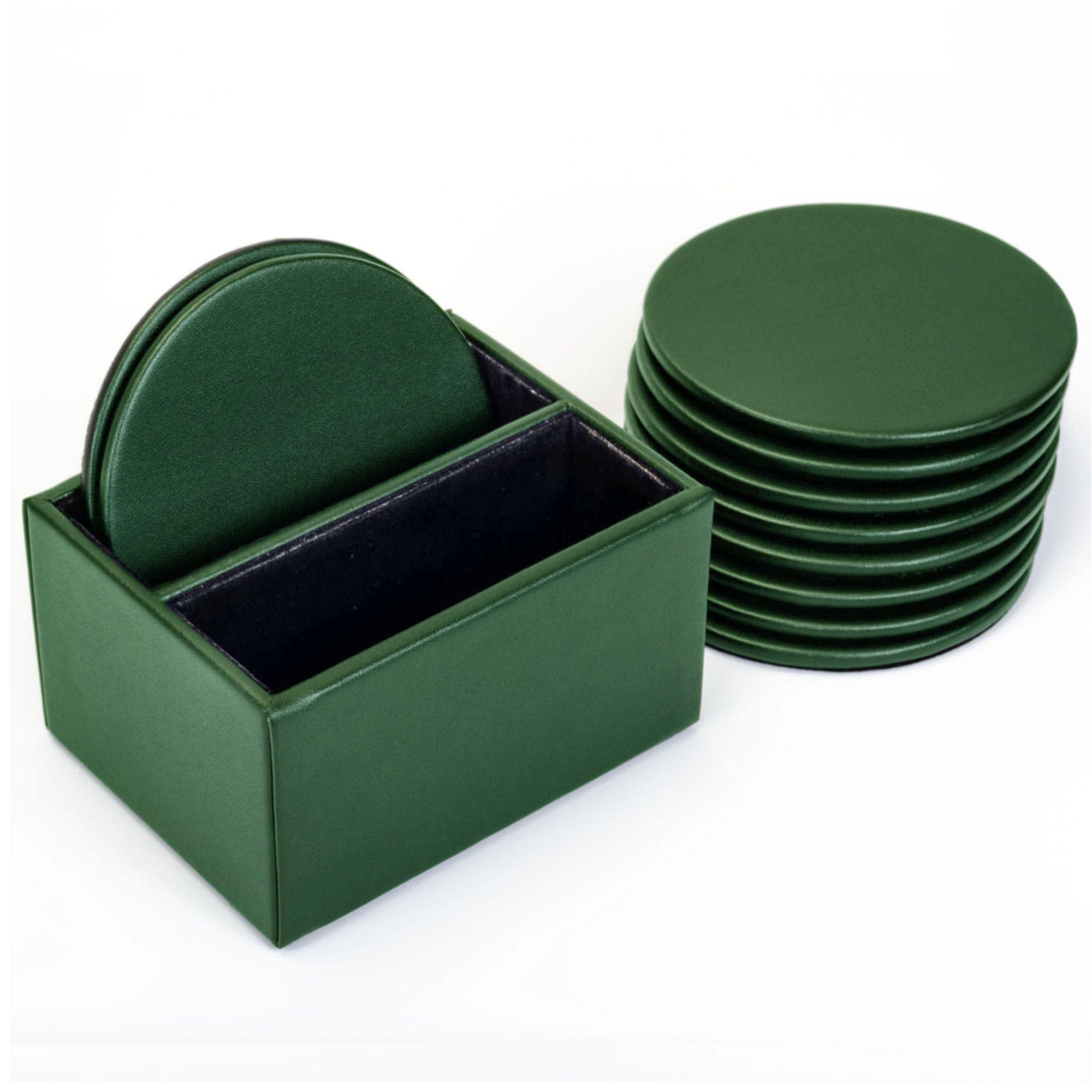 Dark Green Leatherette 10 Round Coaster Set w/ Holder