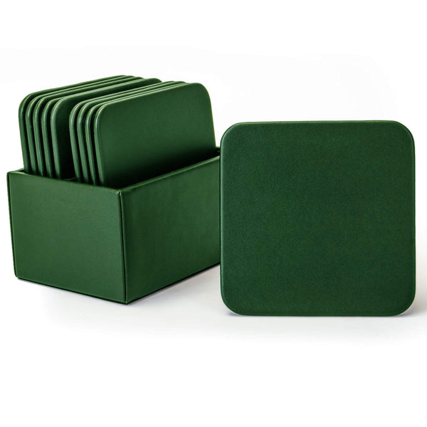 Dark Green Leatherette 10 Square Coaster Set w/ Holder