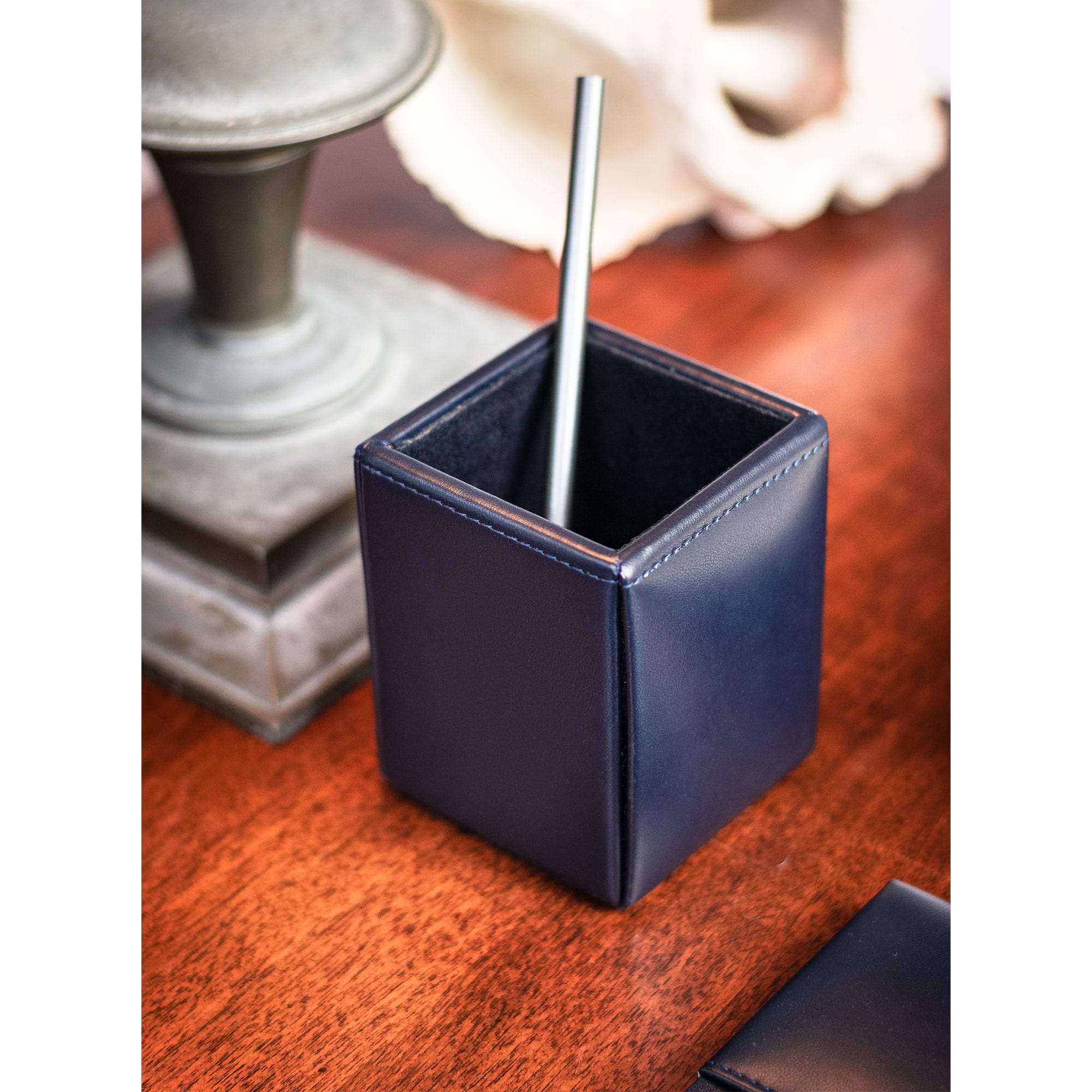 Navy Blue Bonded Leather Pencil Cup