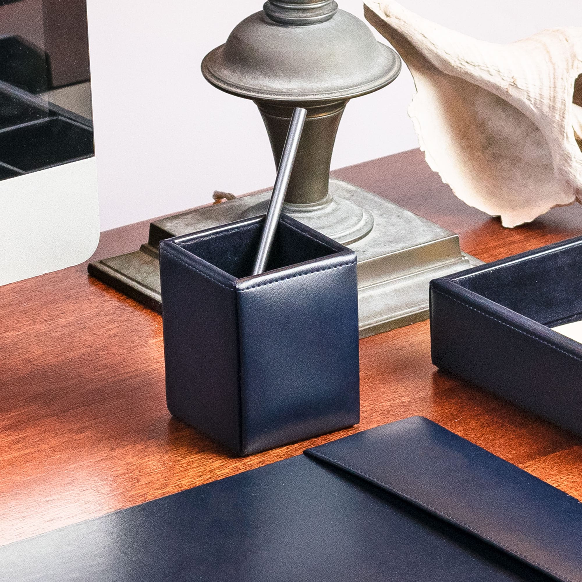 Navy Blue Bonded Leather Pencil Cup