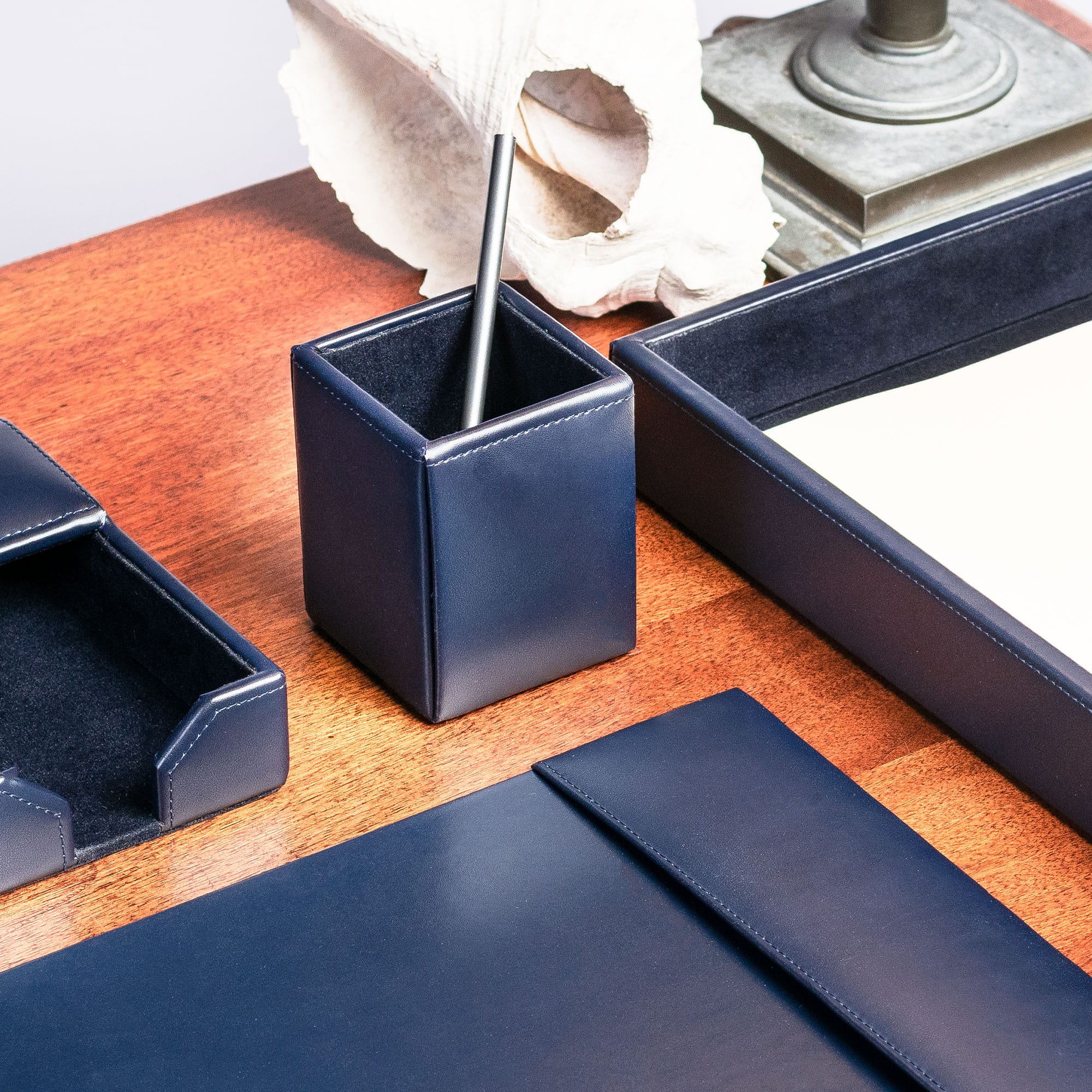Navy Blue Bonded Leather Pencil Cup