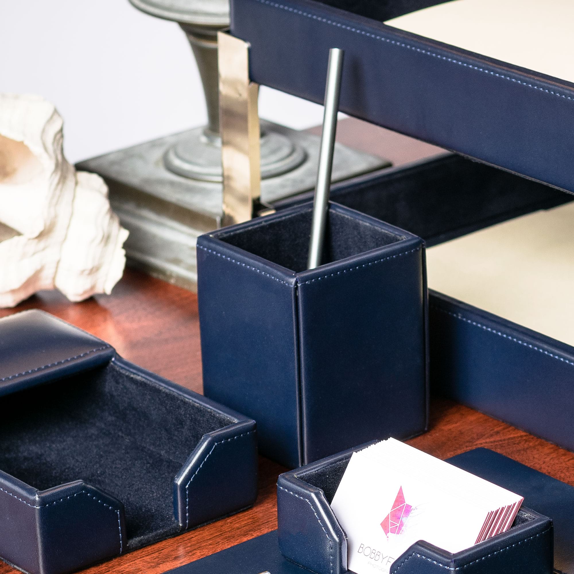 Navy Blue Bonded Leather Pencil Cup