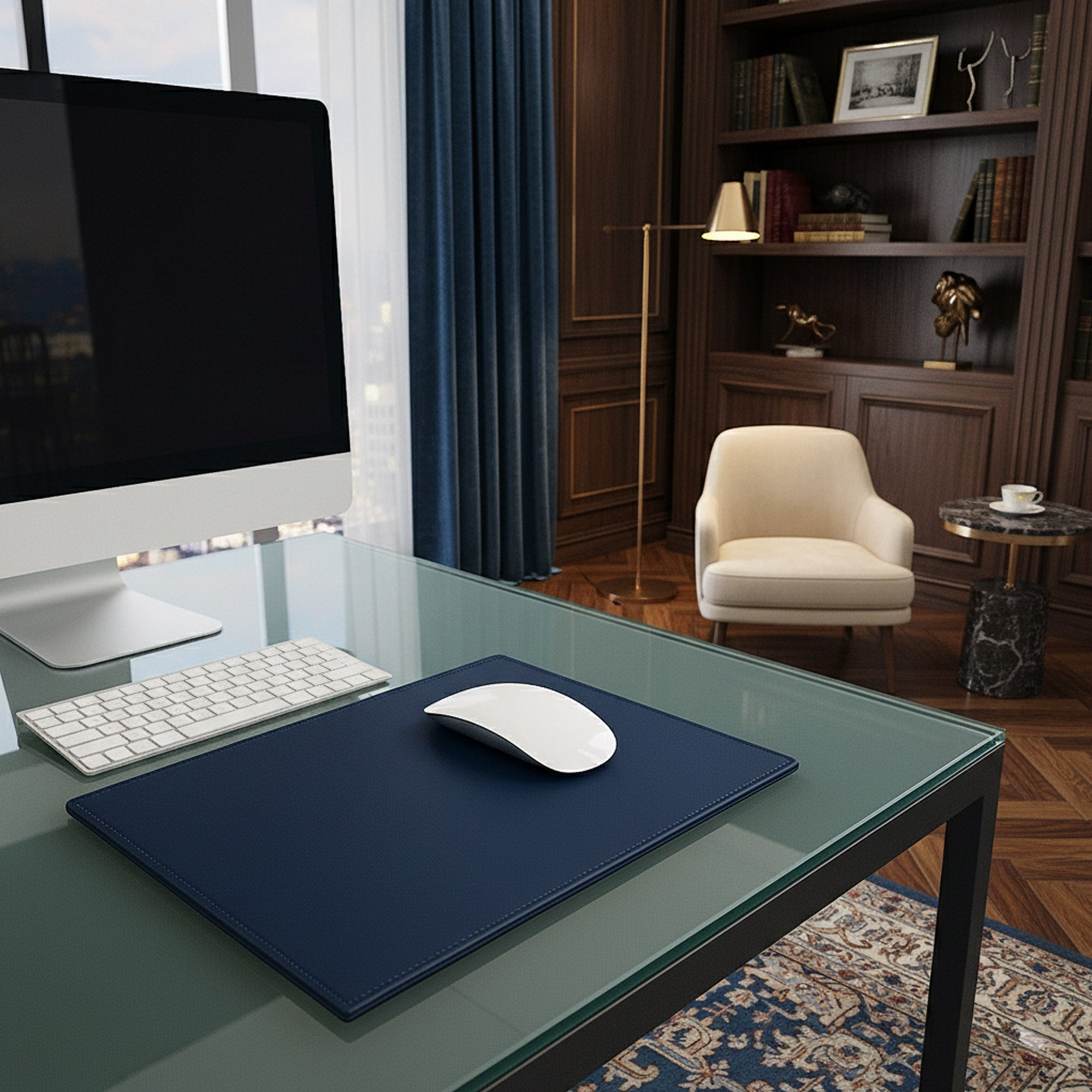 Navy Blue Bonded Rectangular Leather Mouse Pad