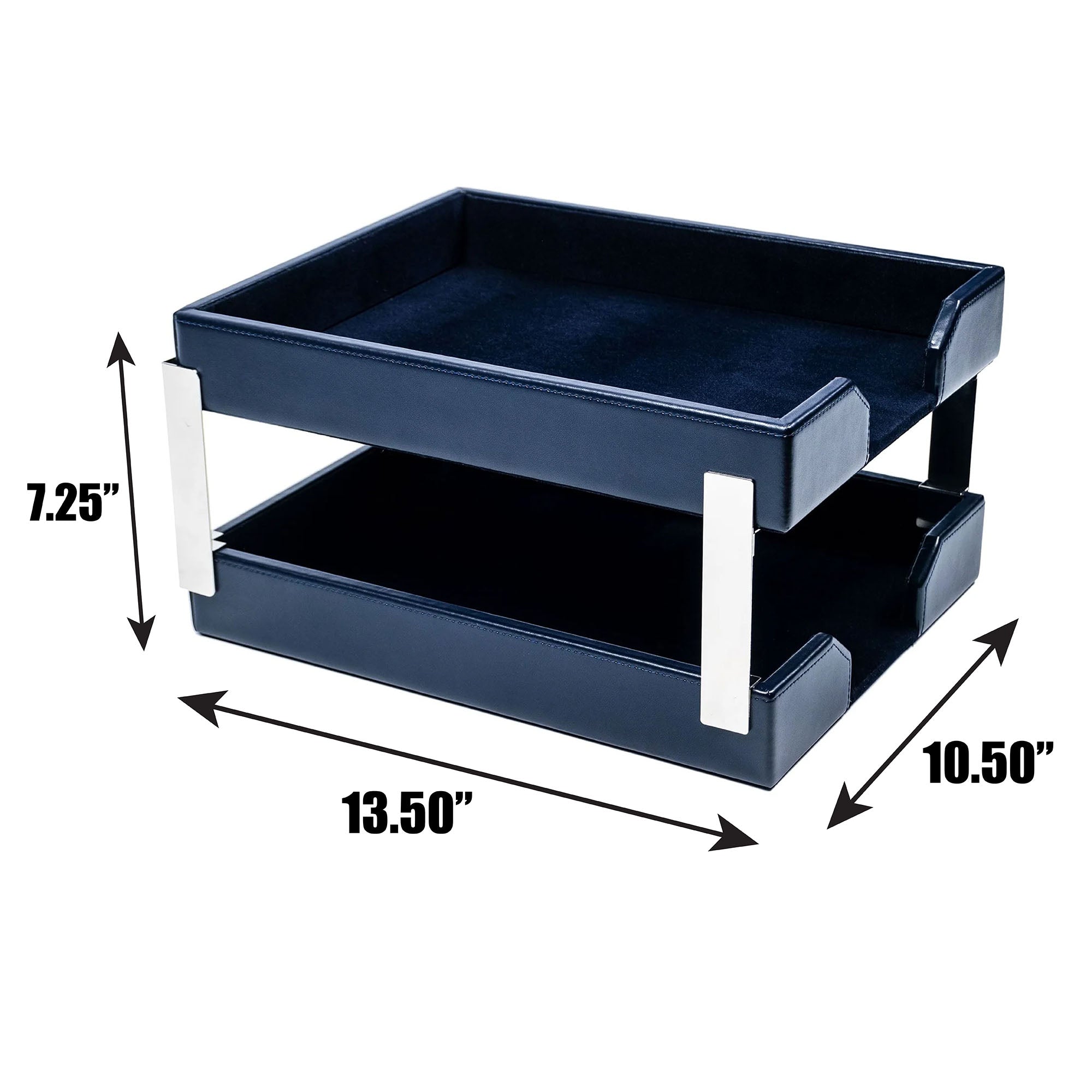 Navy Blue Bonded Leather Double Letter Trays, Silver
