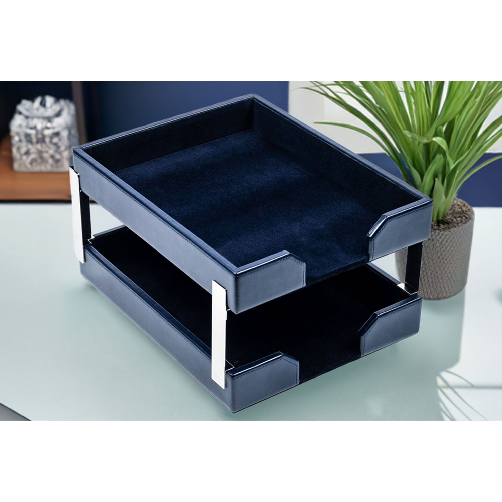 Navy Blue Bonded Leather Double Letter Trays, Silver