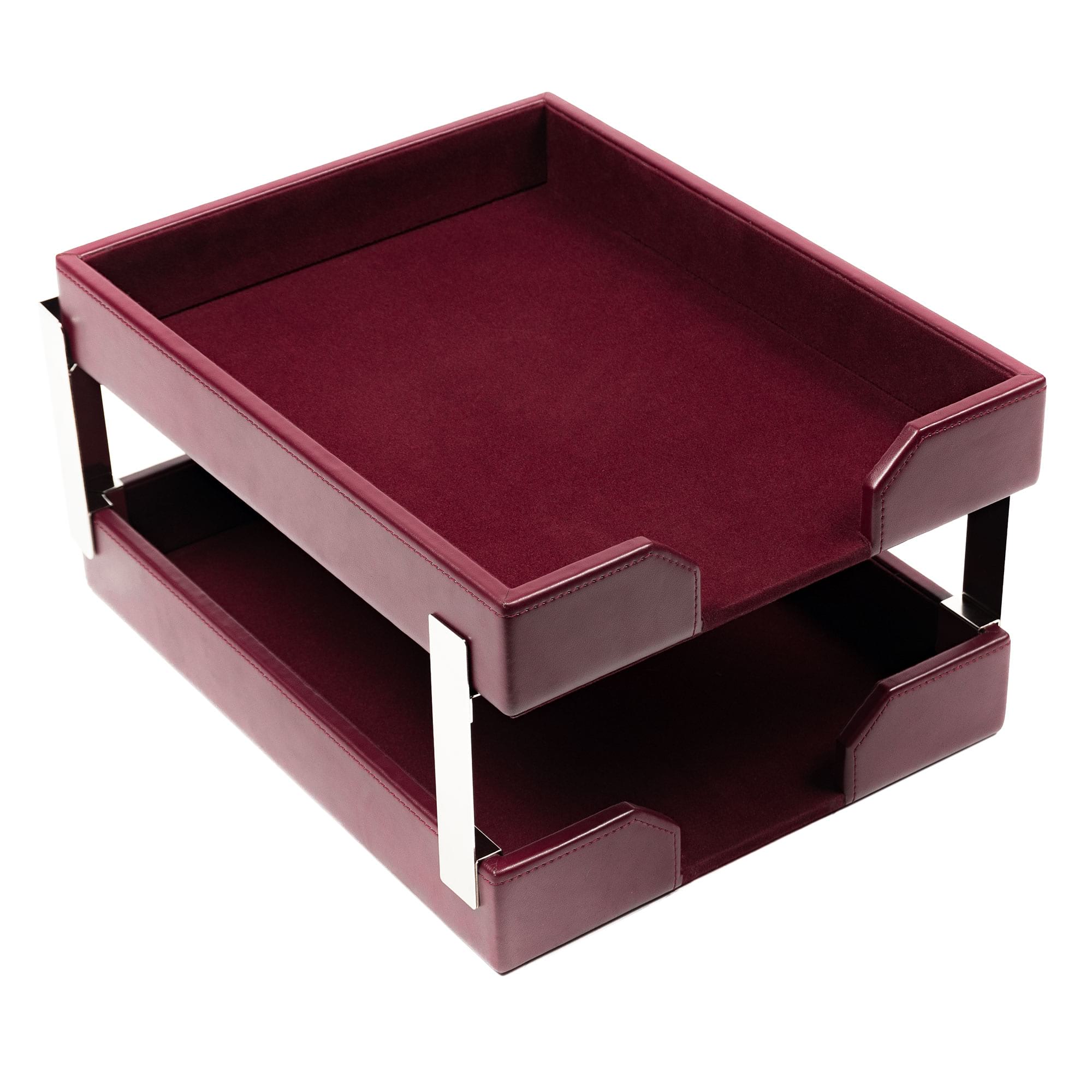 Burgundy Bonded Leather Double Letter Trays, Silver