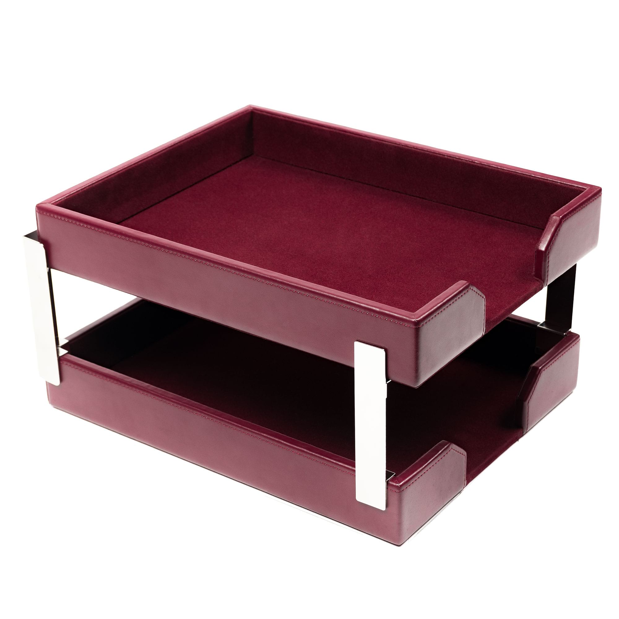 Burgundy Bonded Leather Double Letter Trays, Silver