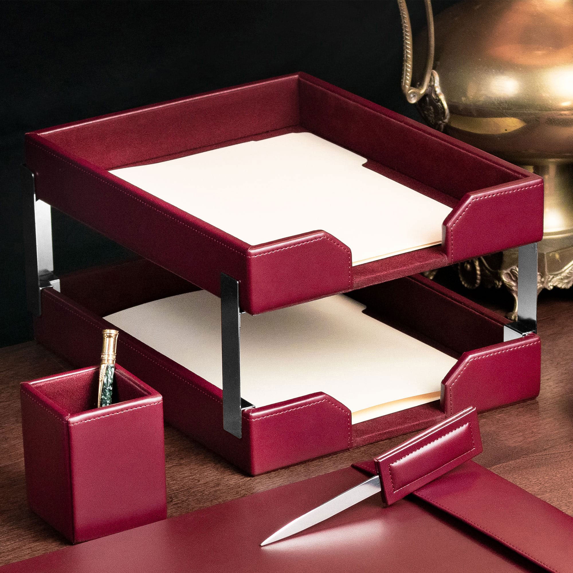 Burgundy Bonded Leather Double Letter Trays, Silver