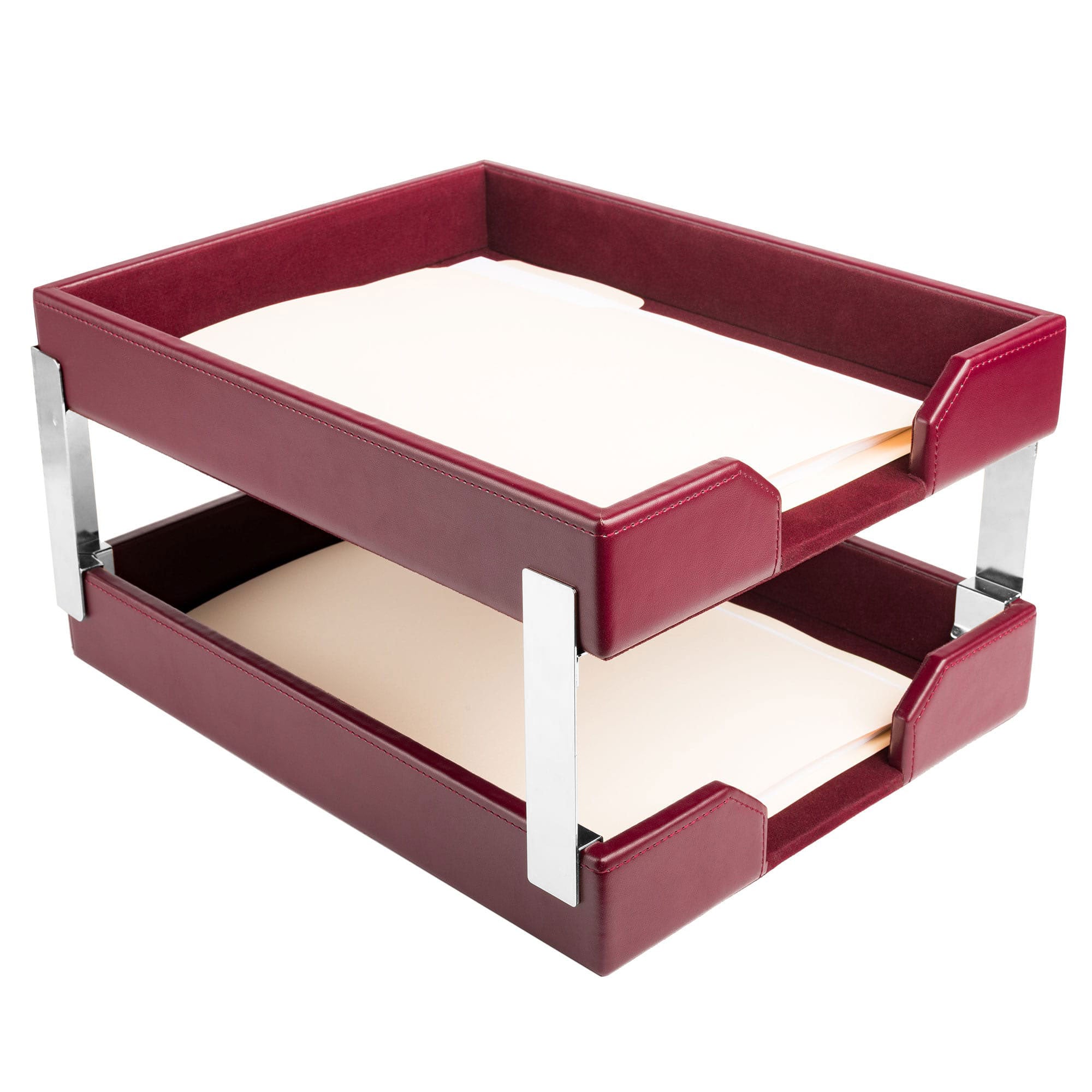 Burgundy Bonded Leather Double Letter Trays, Silver