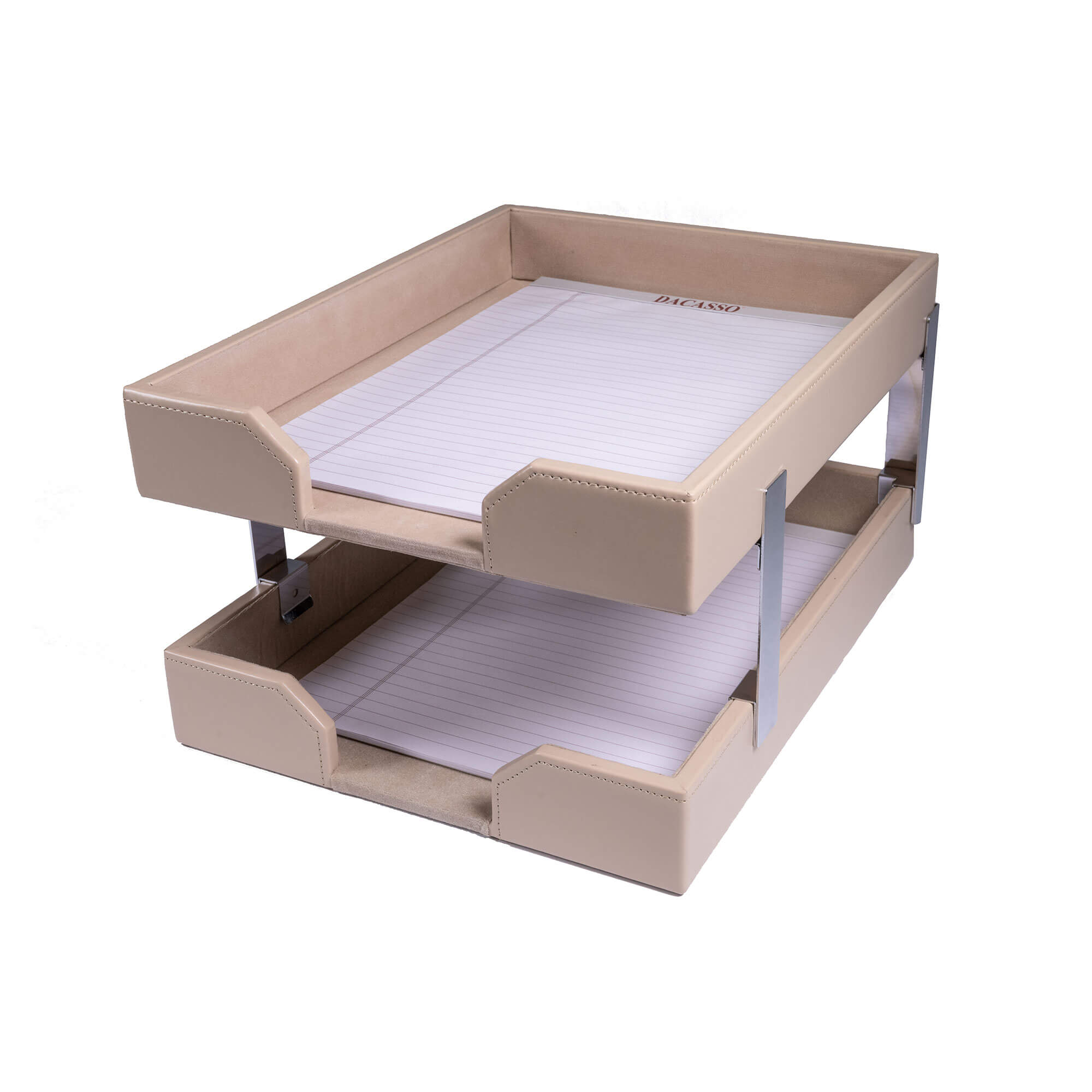 White Latte Bonded Leather Double Letter Trays, Silver