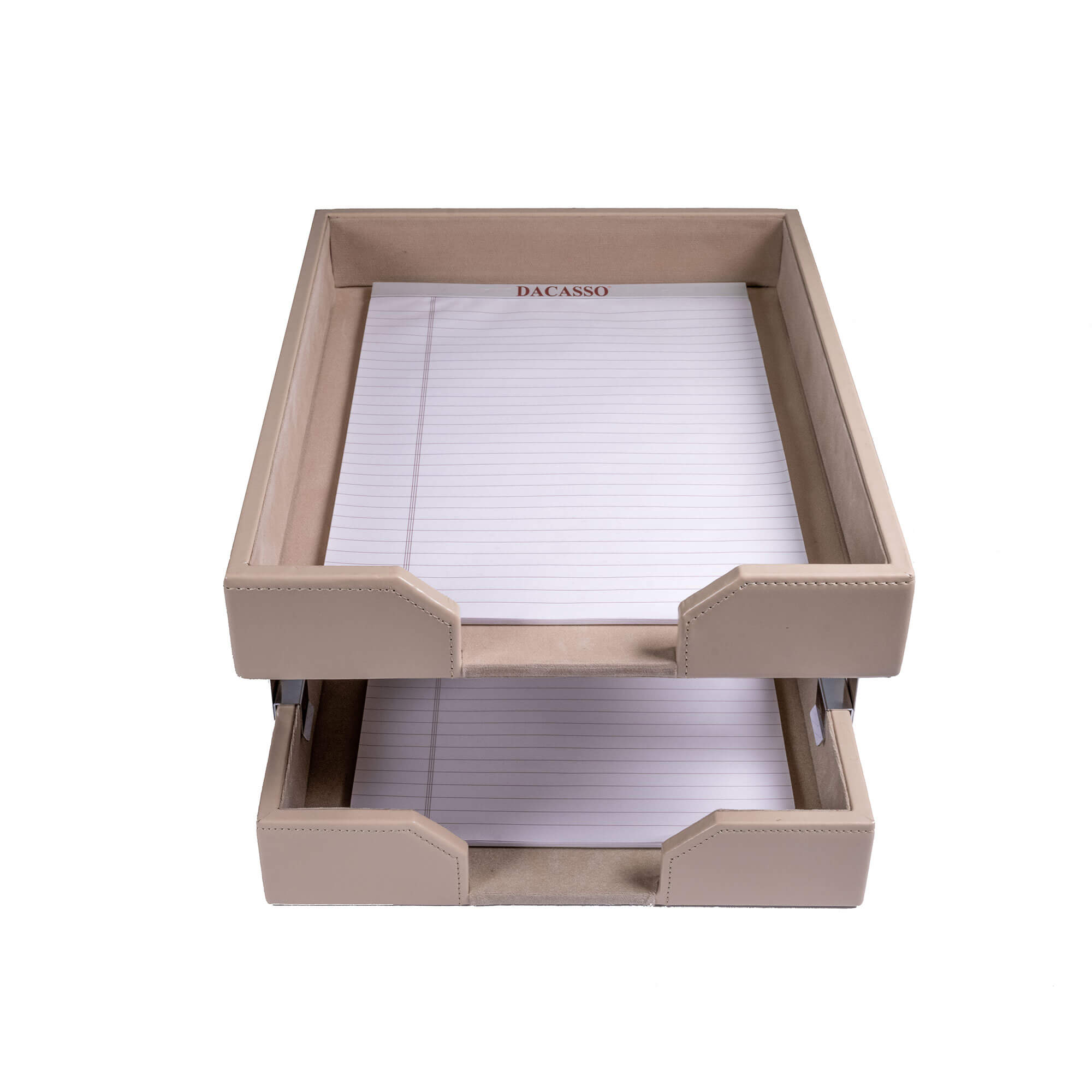 White Latte Bonded Leather Double Letter Trays, Silver