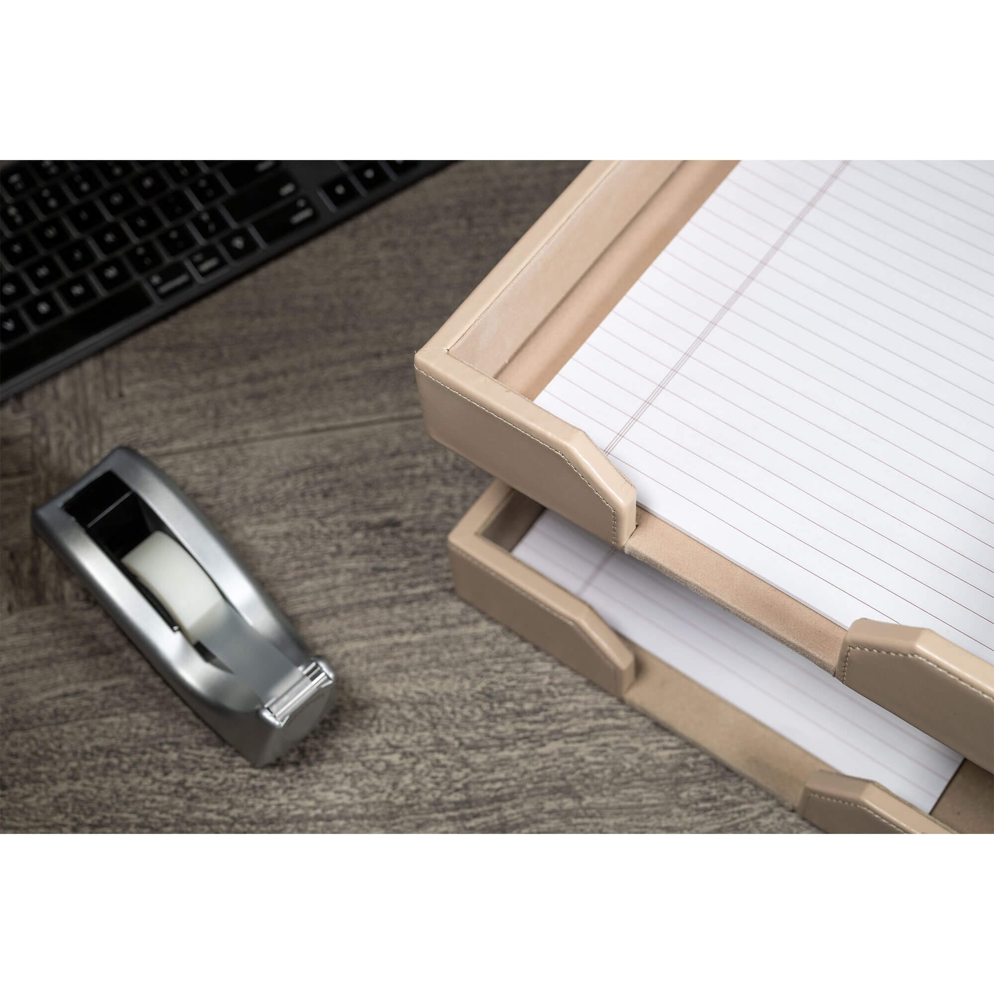 White Latte Bonded Leather Double Letter Trays, Silver