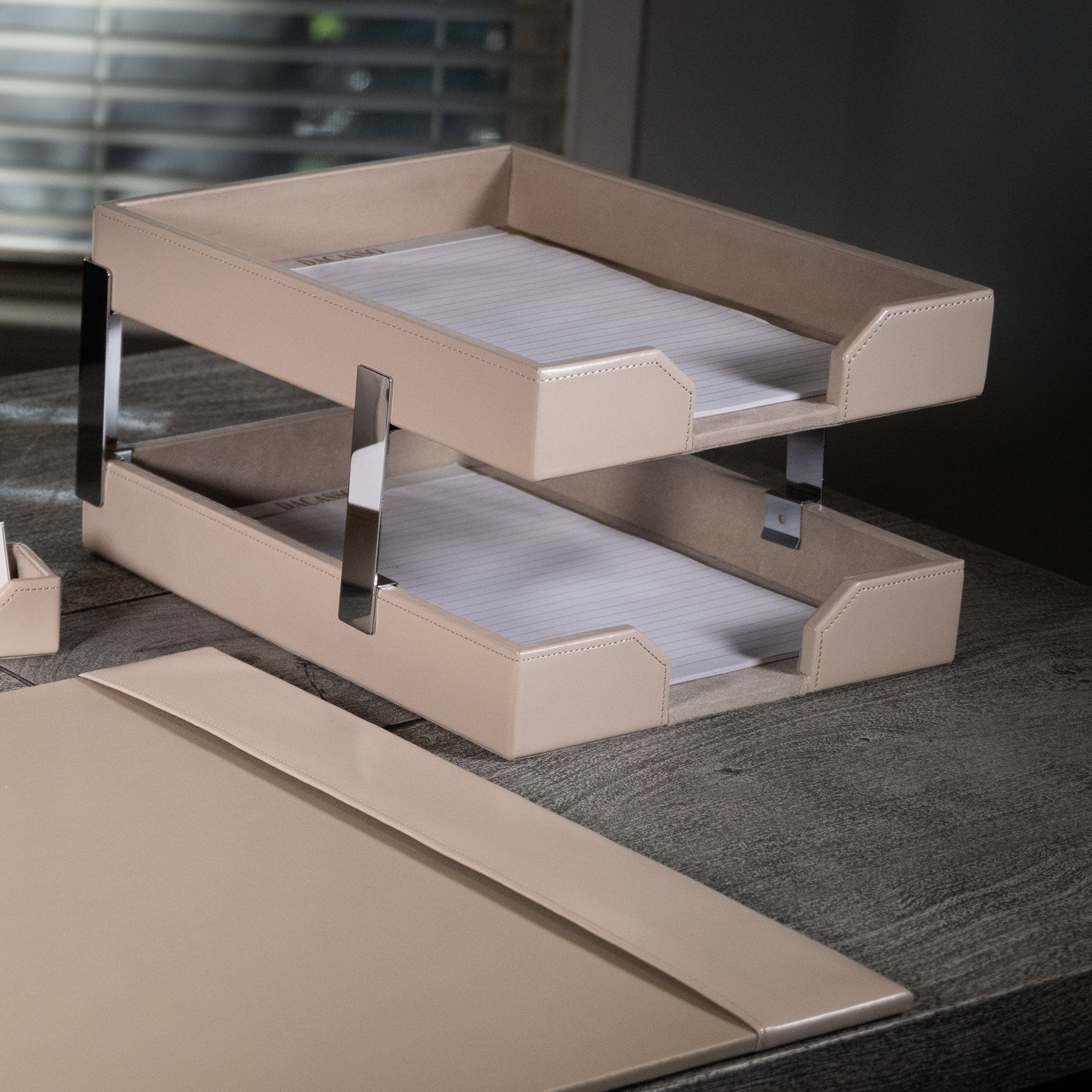 White Latte Bonded Leather Double Letter Trays, Silver