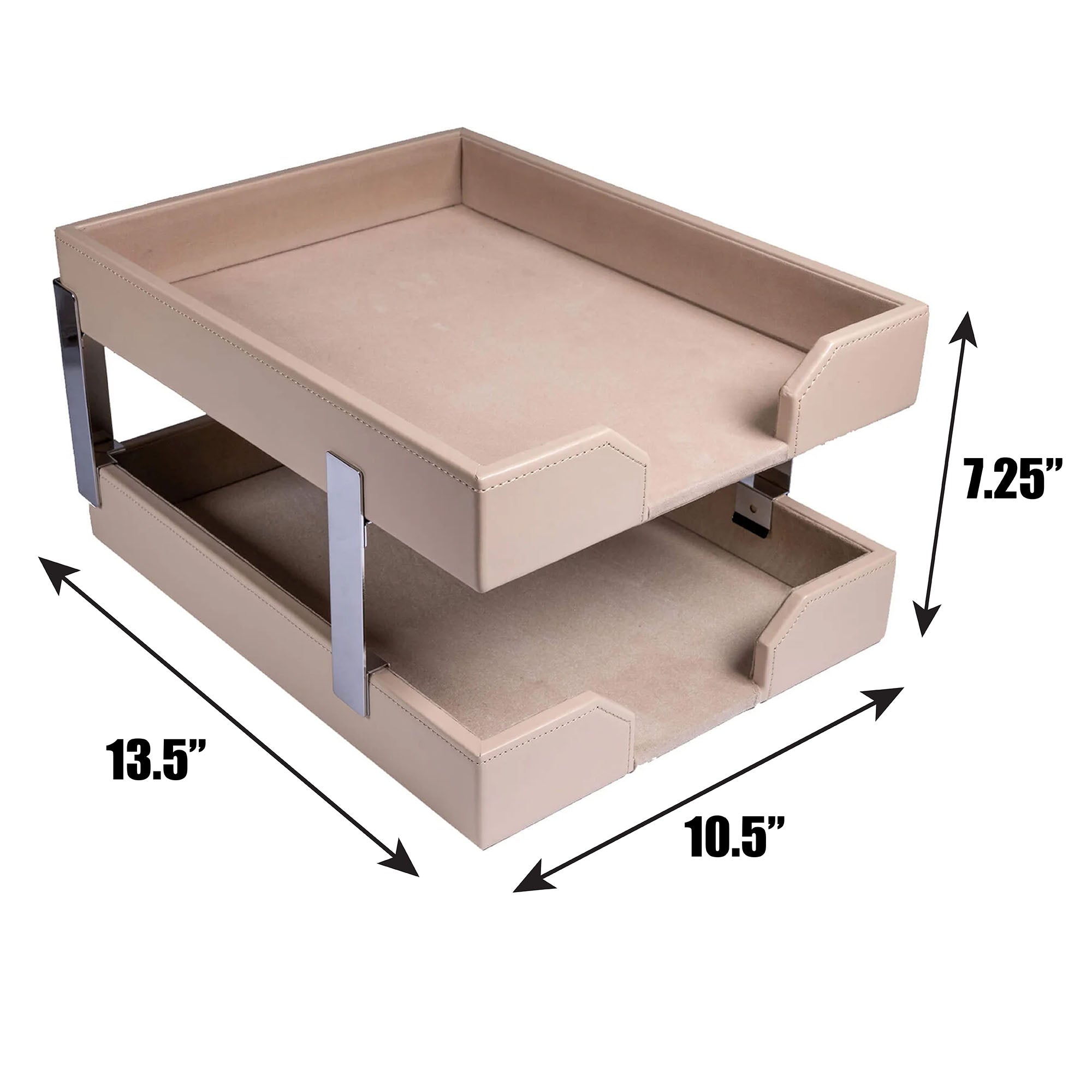 White Latte Bonded Leather Double Letter Trays, Silver