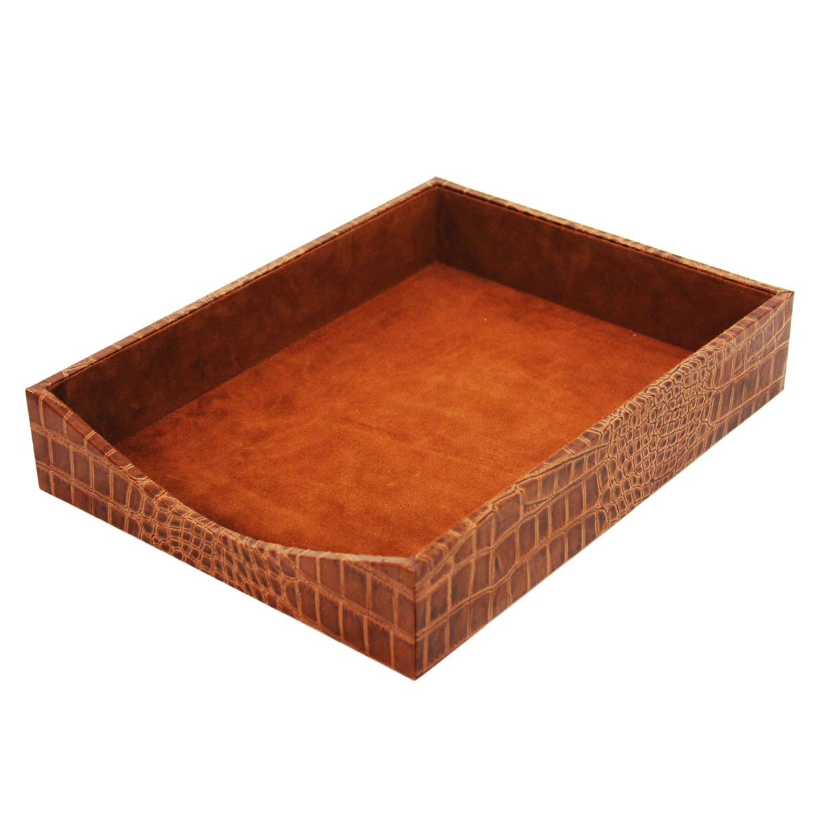 Protacini Cognac Brown Italian Crocodile Leather Front-Load Letter Tray