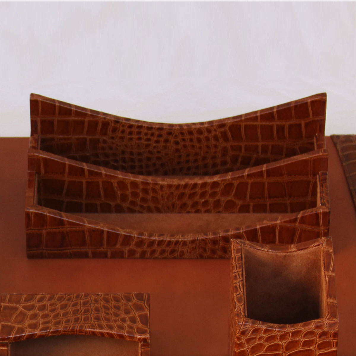 Protacini Cognac Brown Italian Crocodile Leather Letter Holder