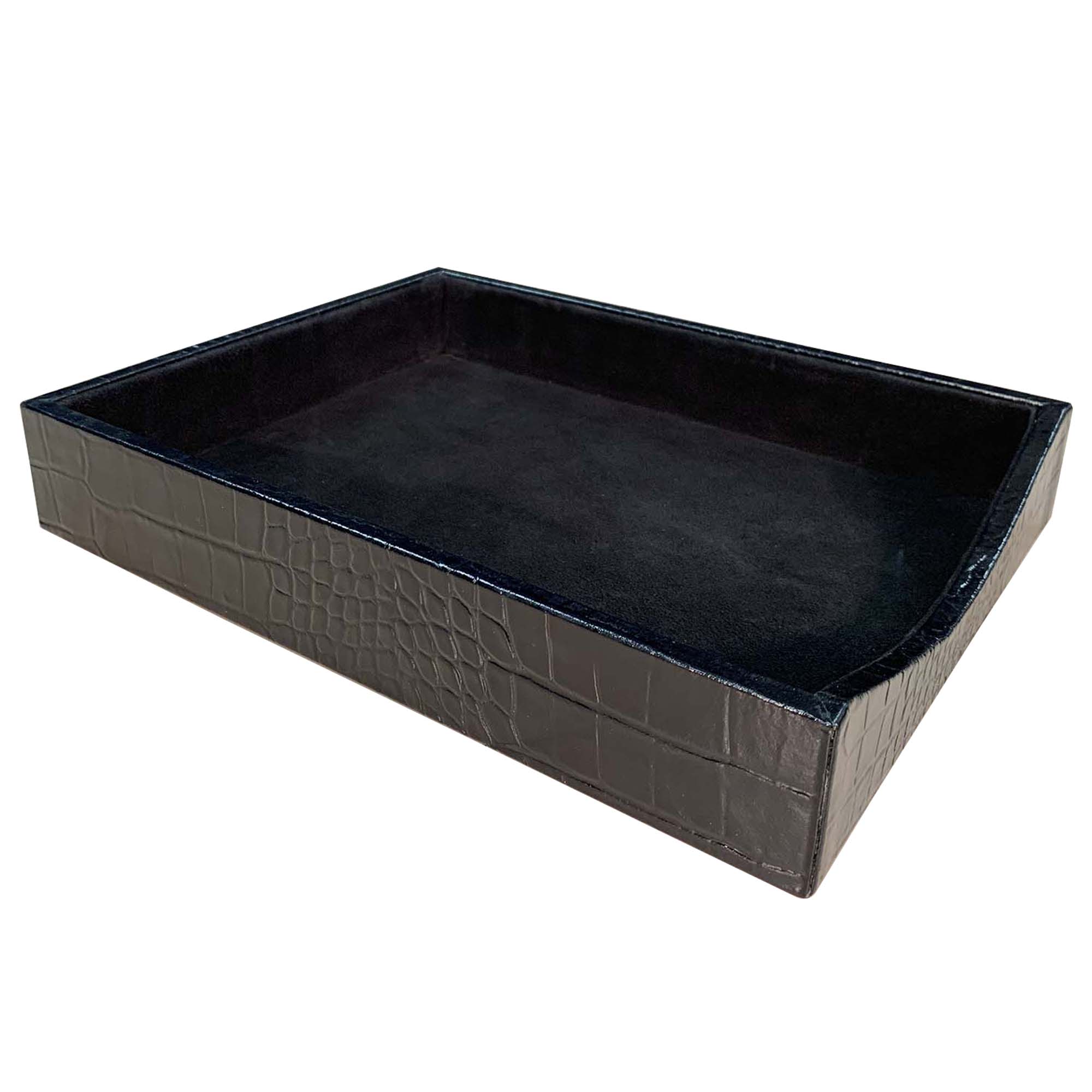Protacini Black Italian Crocodile Leather Front-Load Letter Tray