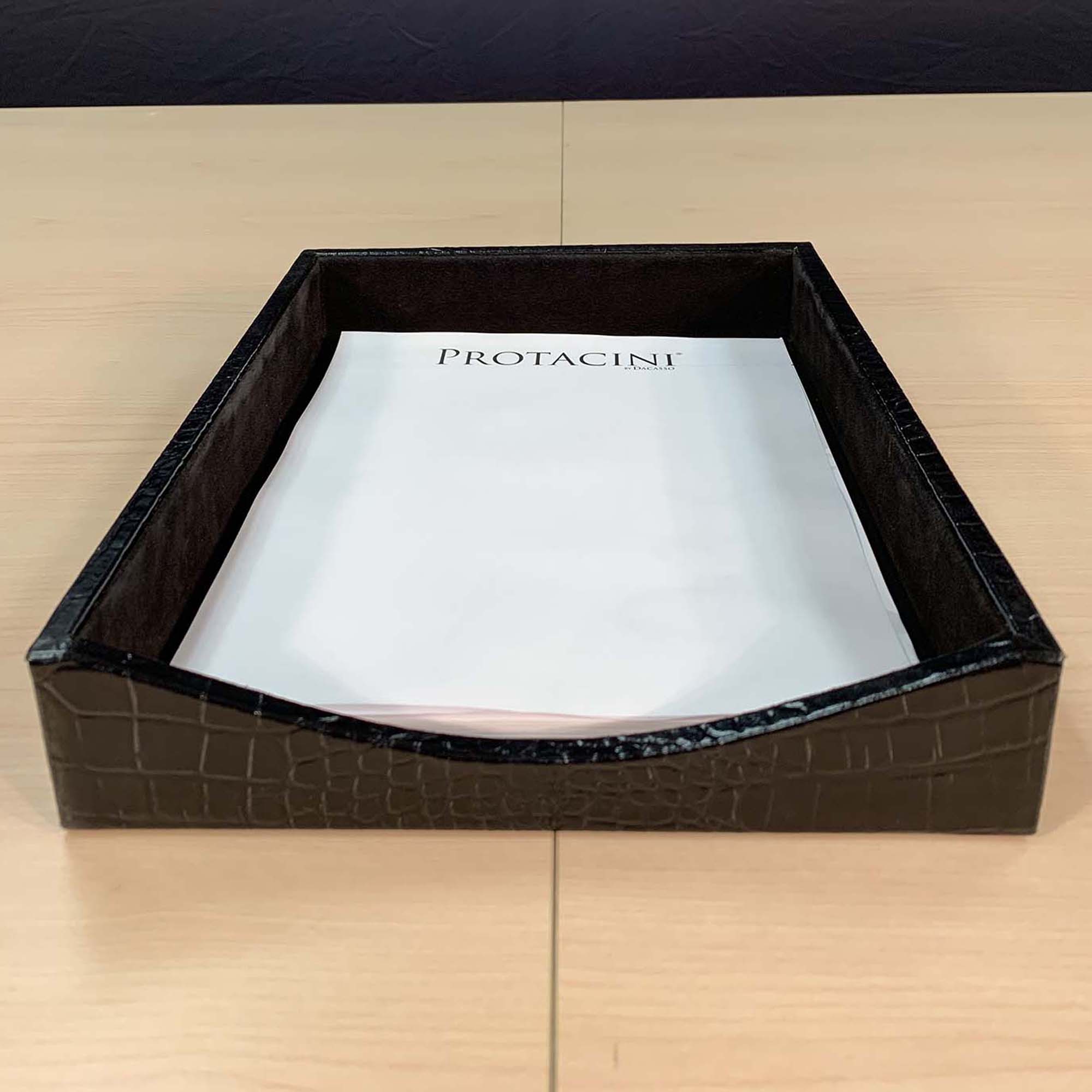 Protacini Black Italian Crocodile Leather Front-Load Letter Tray