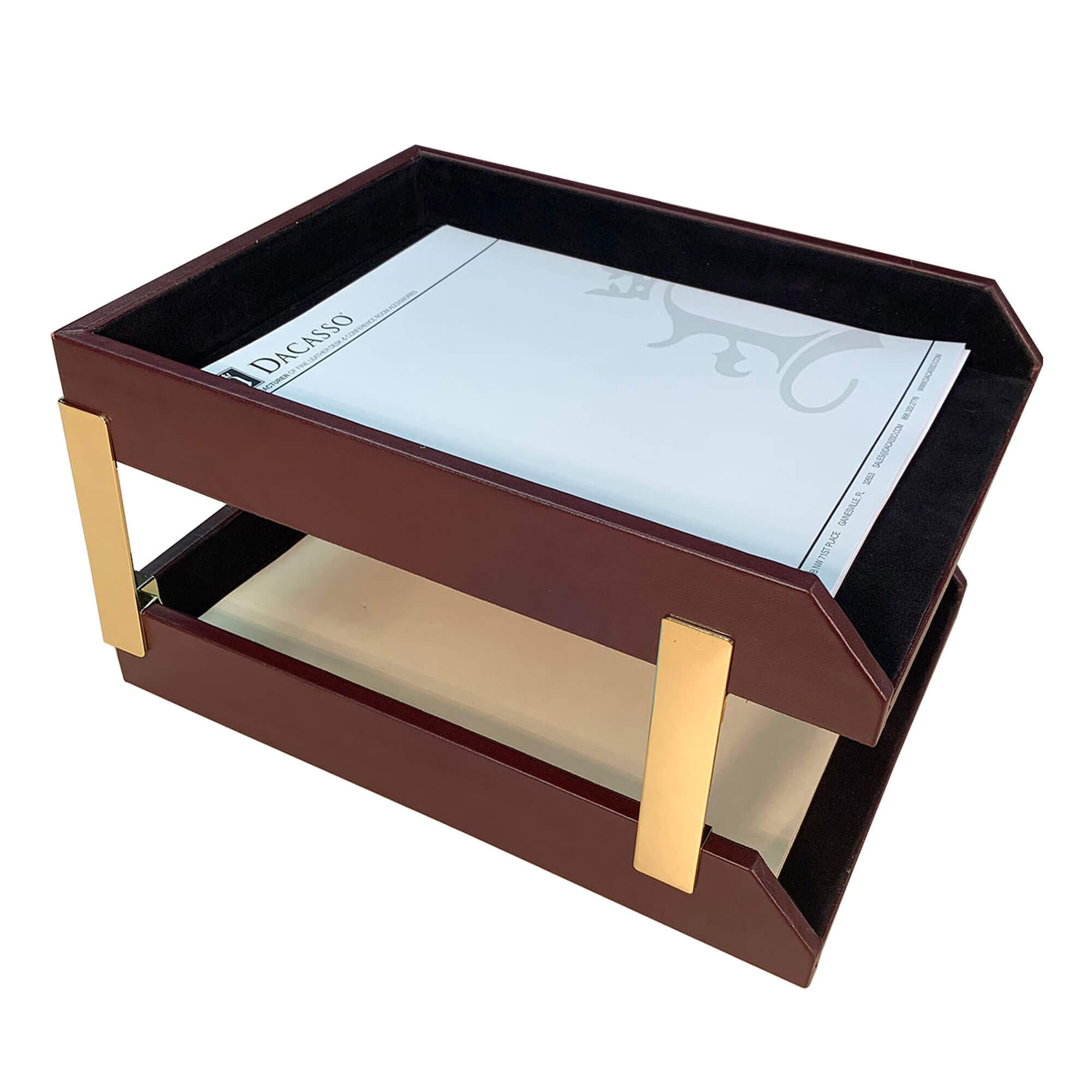 Burgundy Leather Letter Trays, Stacking Set, Gold