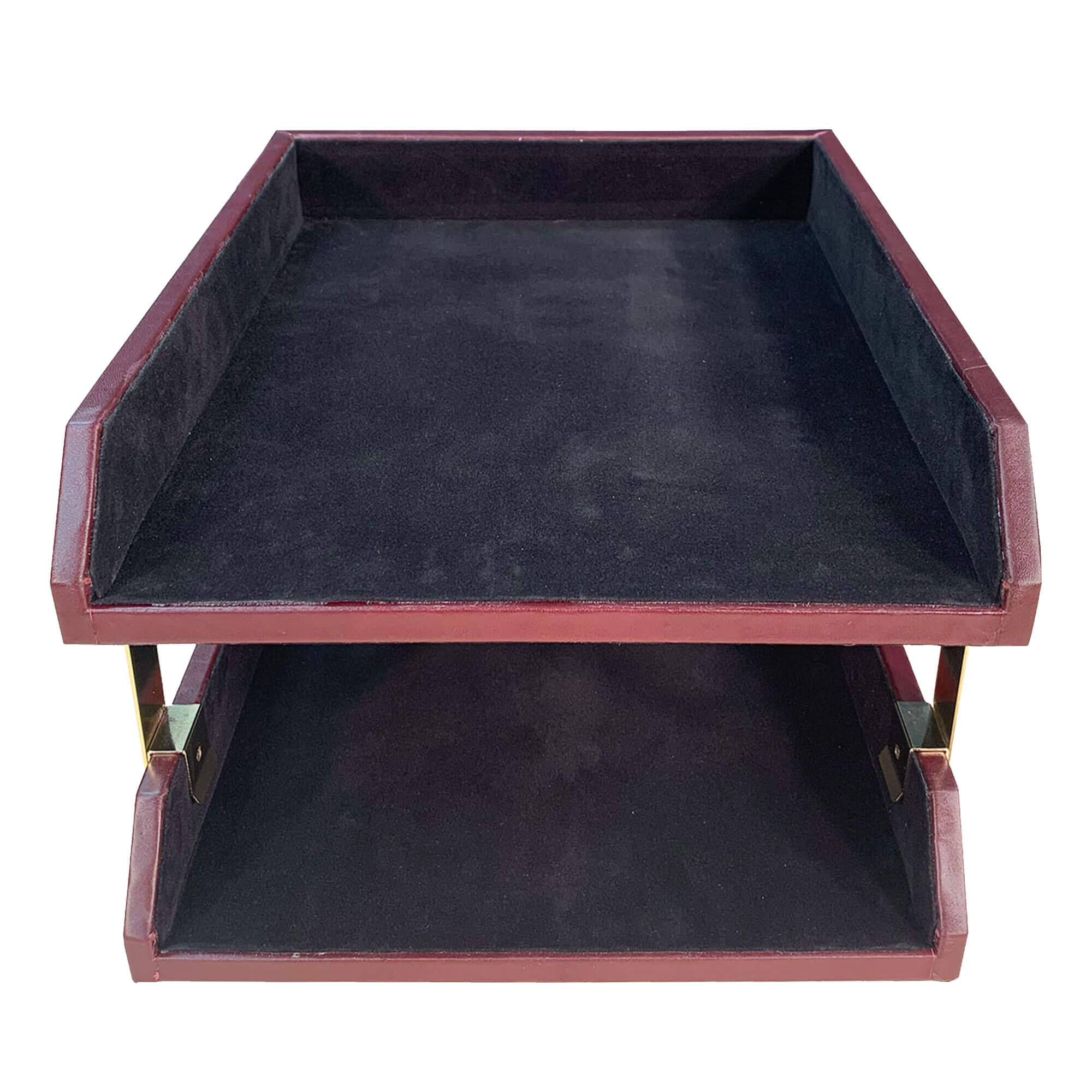 Burgundy Leather Letter Trays, Stacking Set, Gold