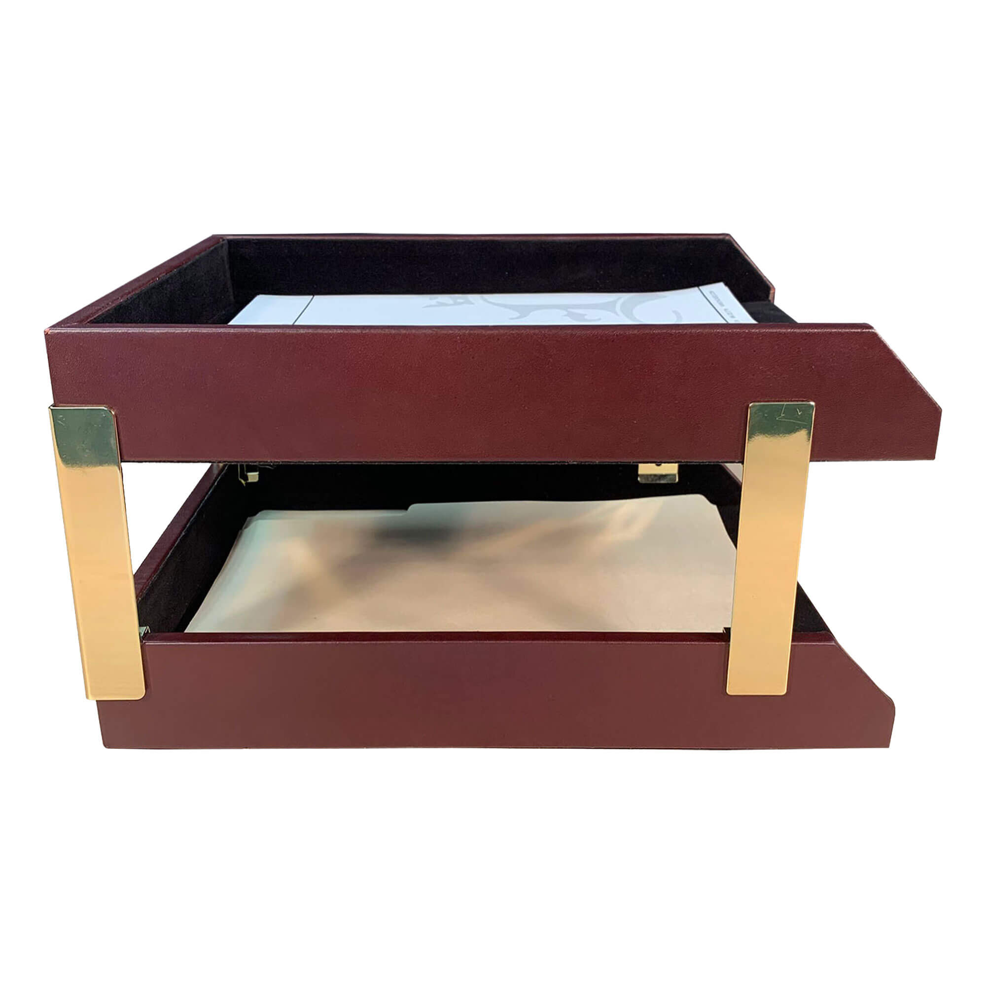 Burgundy Leather Letter Trays, Stacking Set, Gold