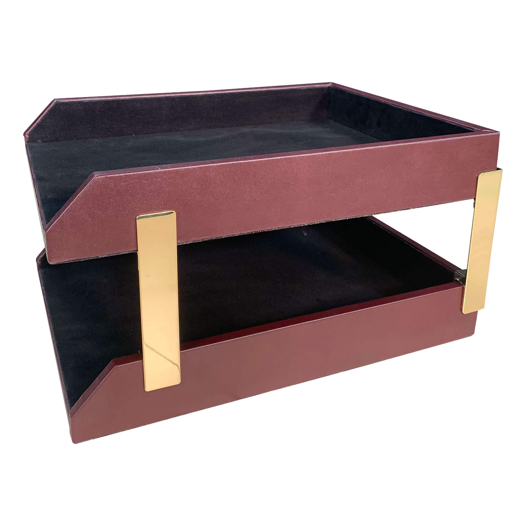 Burgundy Leather Letter Trays, Stacking Set, Gold