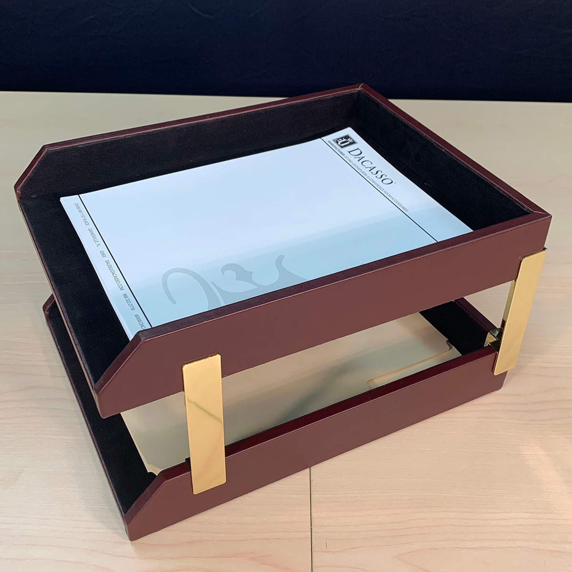 Burgundy Leather Letter Trays, Stacking Set, Gold