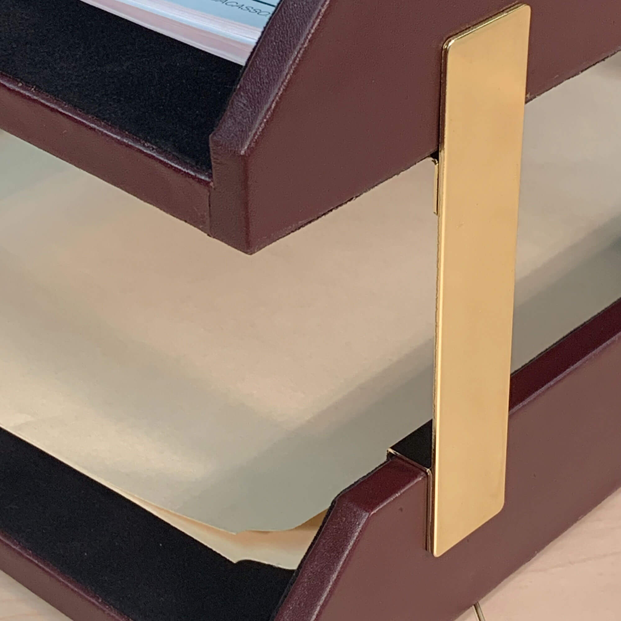 Burgundy Leather Letter Trays, Stacking Set, Gold