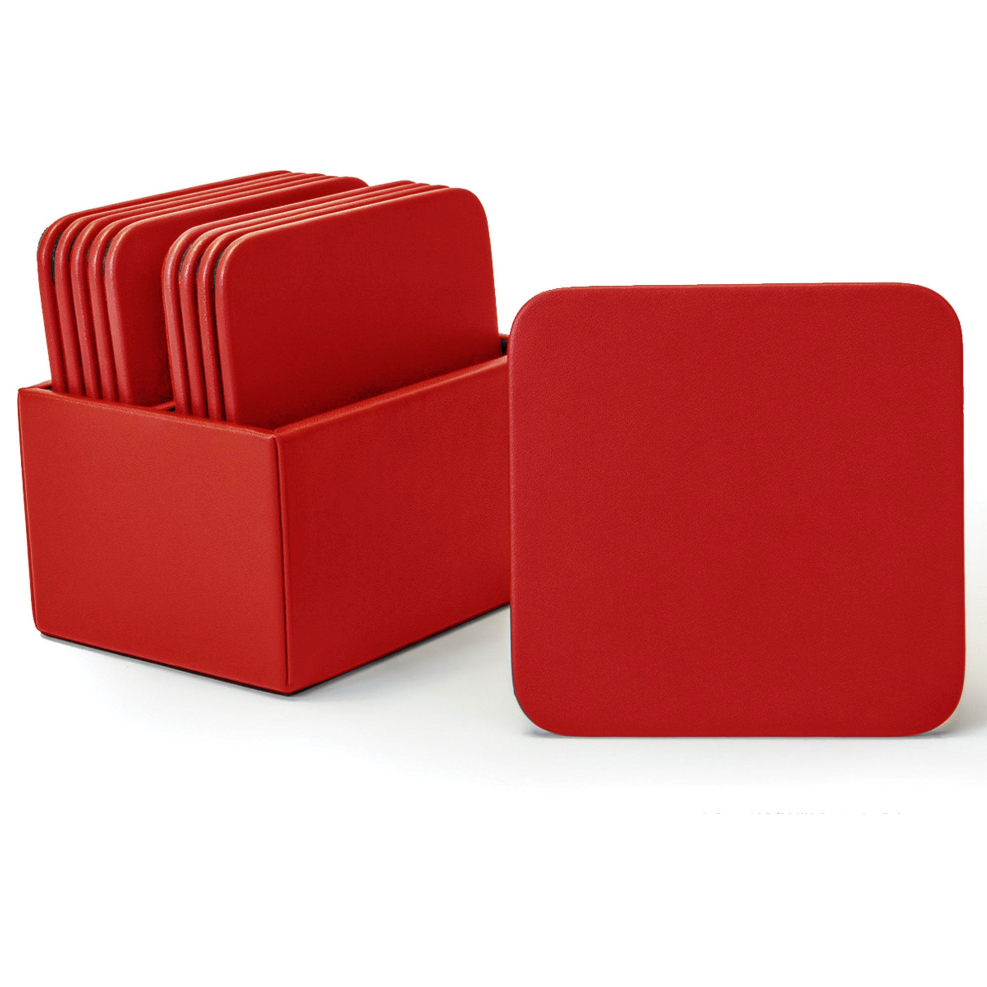 Red Leatherette 10 Square Coaster Set w/ Holder