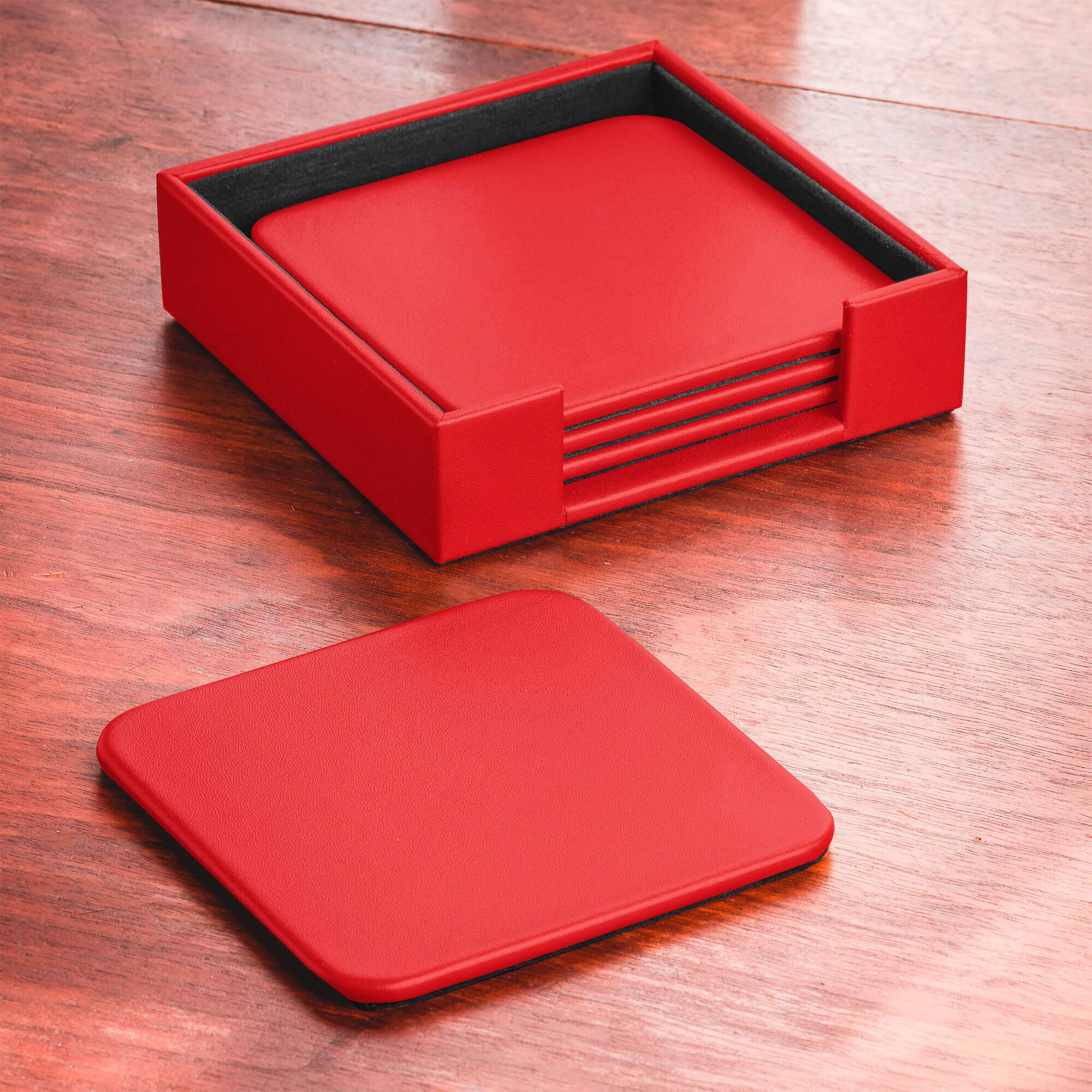 Red Leather 4 Square Coaster Set w/ Holder