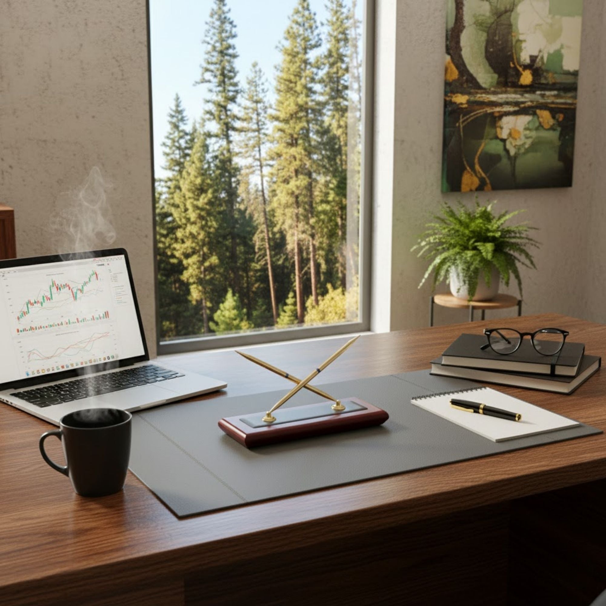 Mahogany (Rosewood) & Black Leather Double Pen Stand