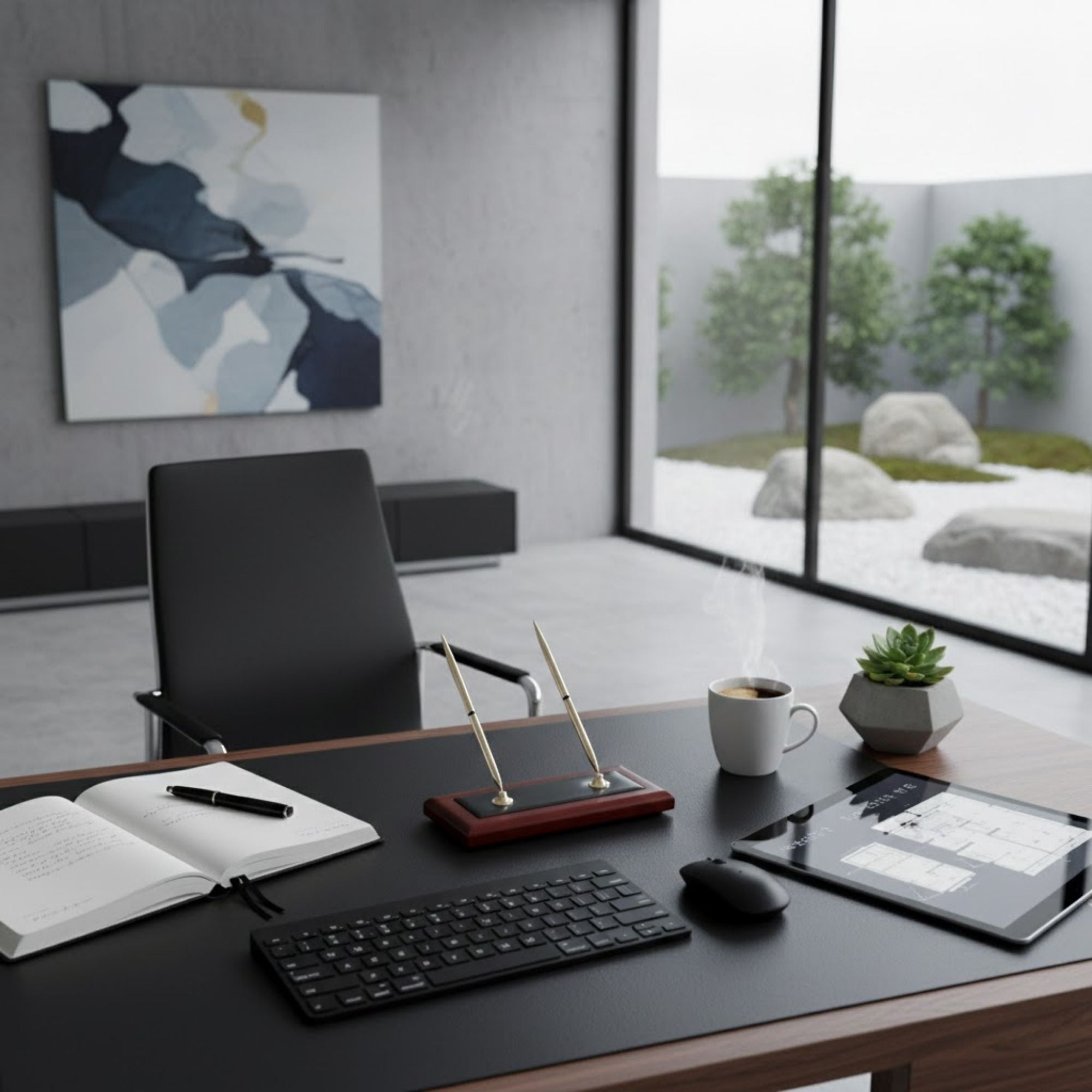 Mahogany (Rosewood) & Black Leather Double Pen Stand