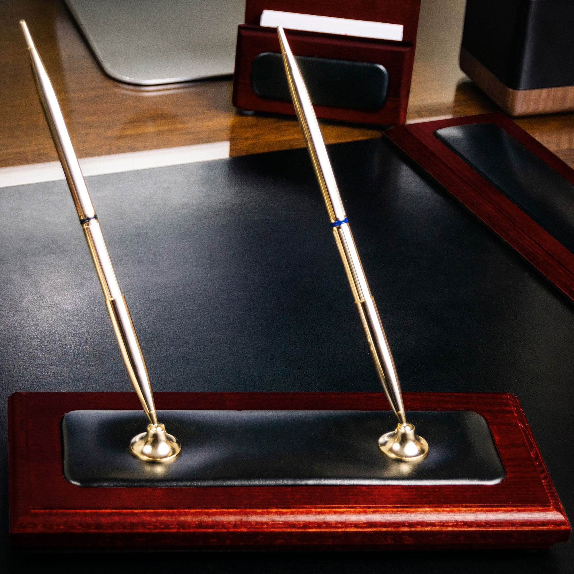 Mahogany (Rosewood) & Black Leather Double Pen Stand