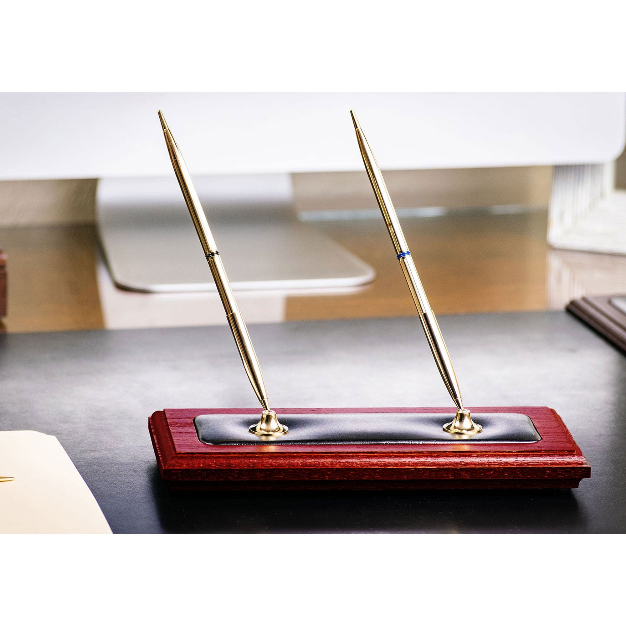 Mahogany (Rosewood) & Black Leather Double Pen Stand