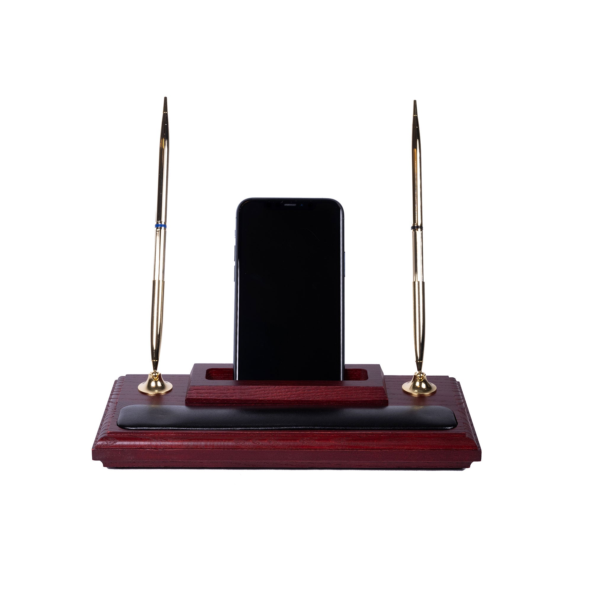 Mahogany (Rosewood) & Black Leather Pen Stand with Cell Phone Holder