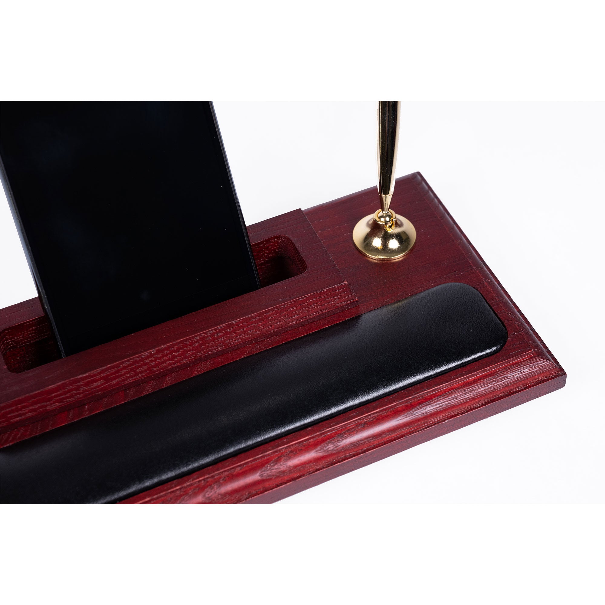 Mahogany (Rosewood) & Black Leather Pen Stand with Cell Phone Holder