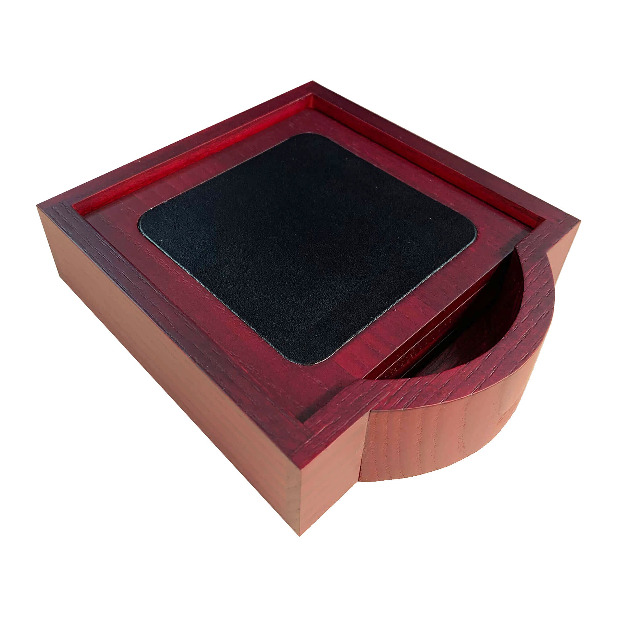 Mahogany (Rosewood) & Black Leather Square Coaster Set w/ Holder