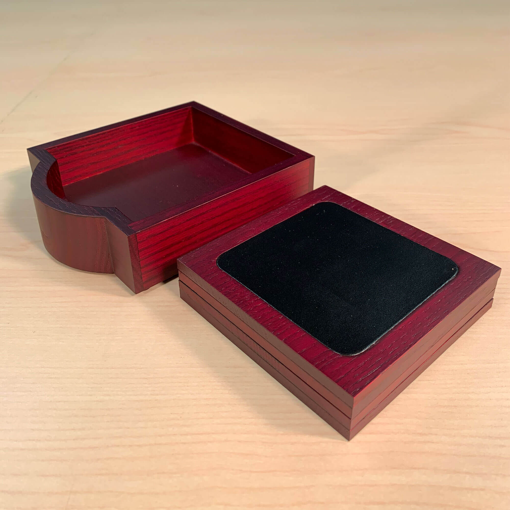Mahogany (Rosewood) & Black Leather Square Coaster Set w/ Holder