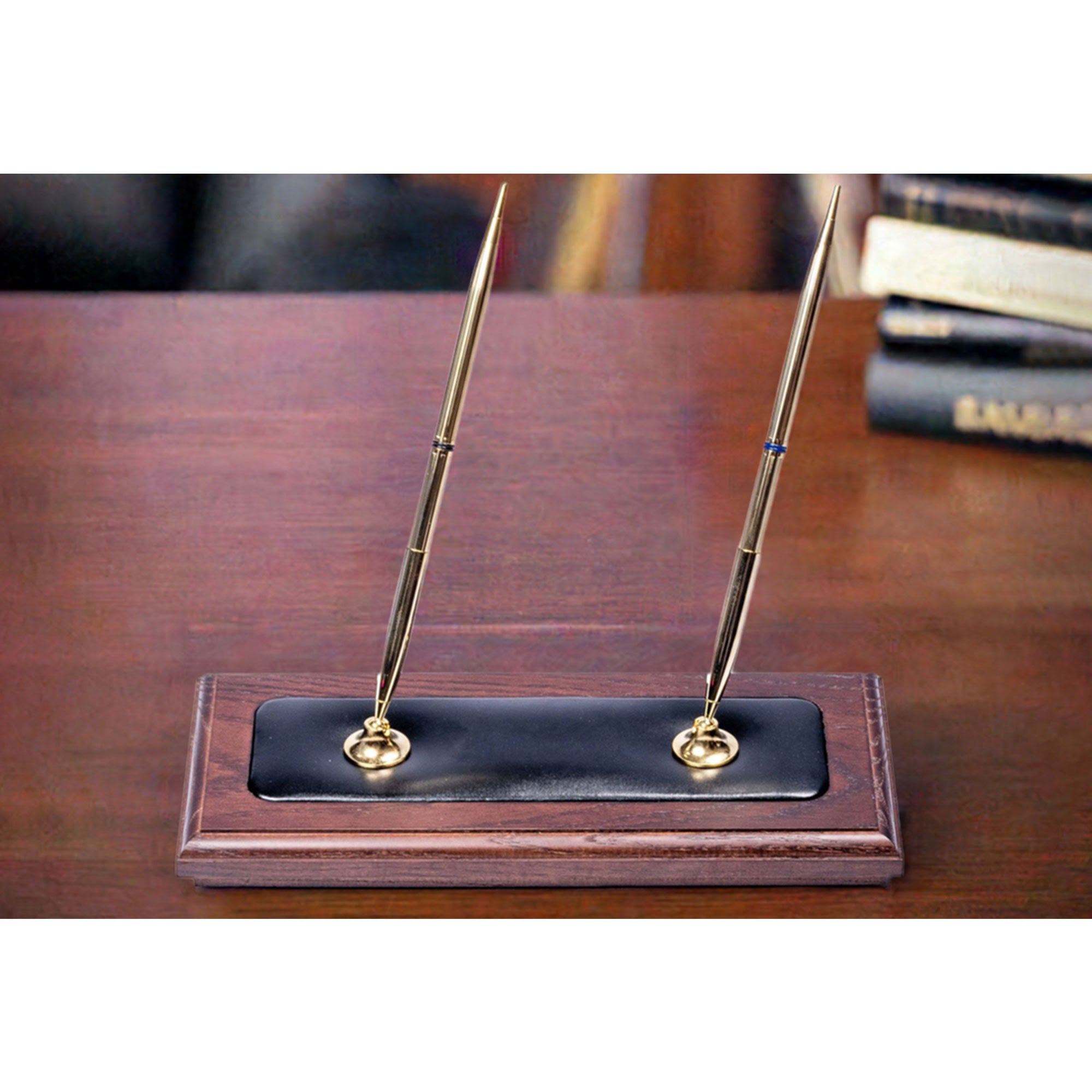 Walnut & Black Leather Double Pen Stand