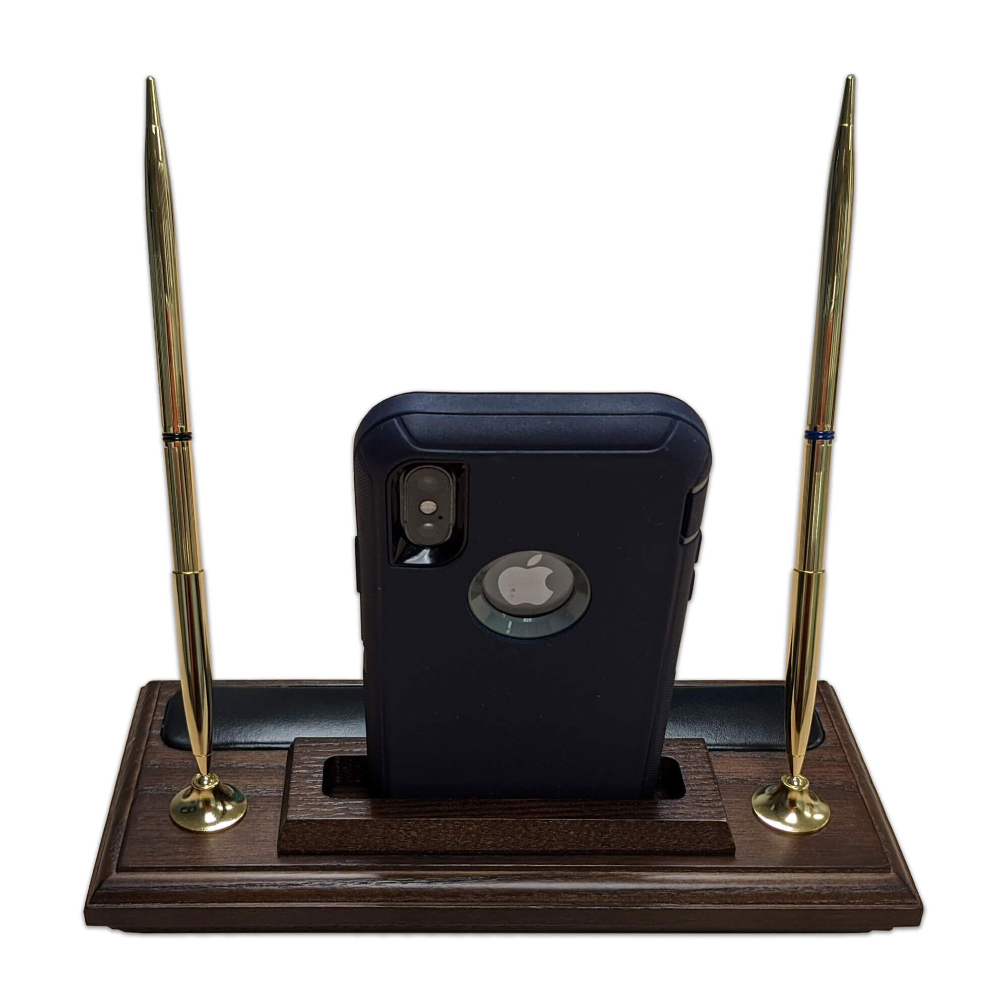 Walnut and Leather Double Pen Stand with Cell Phone Holder