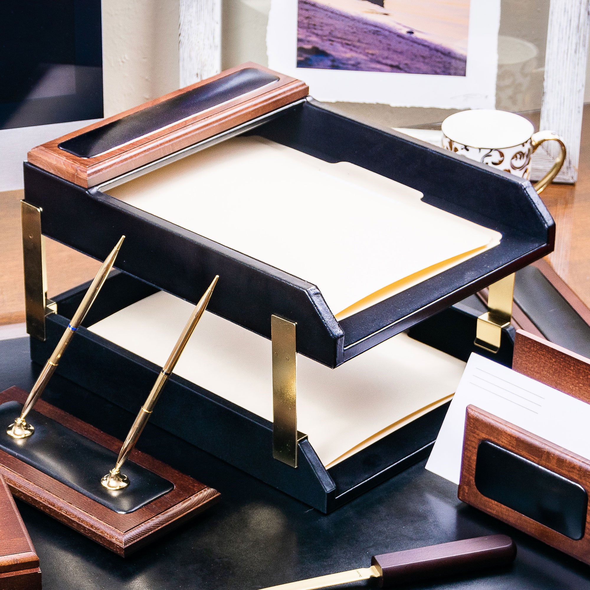 Walnut & Black Leather Letter Trays, Stacking Set, Gold